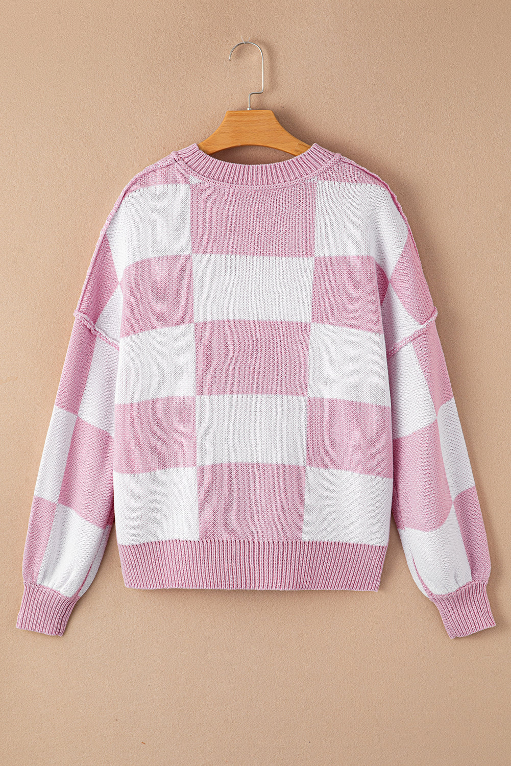 Checker Exposed Seam Drop Shoulder Long Sleeve Sweater