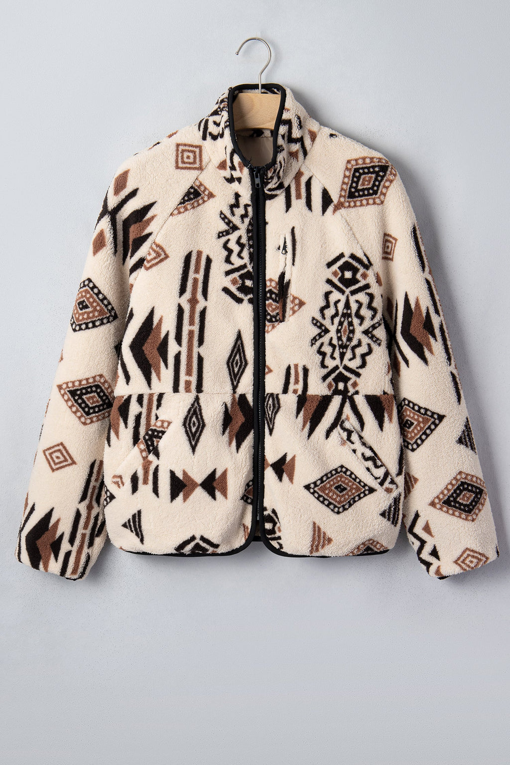 Aztec Fleece Zip Up Collar Long Sleeve Jacket