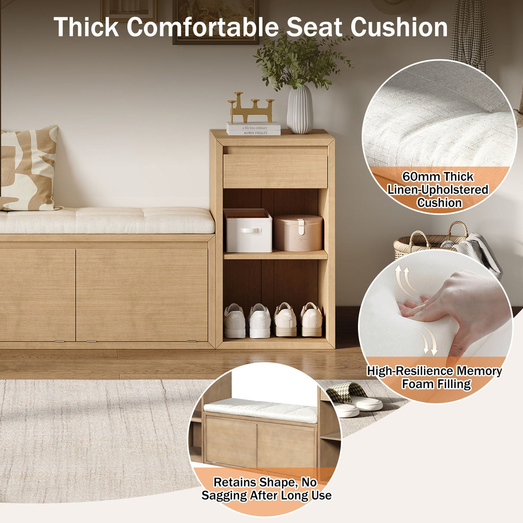 Entryway Storage Bench With Cushion, Drawers & Open Shelves