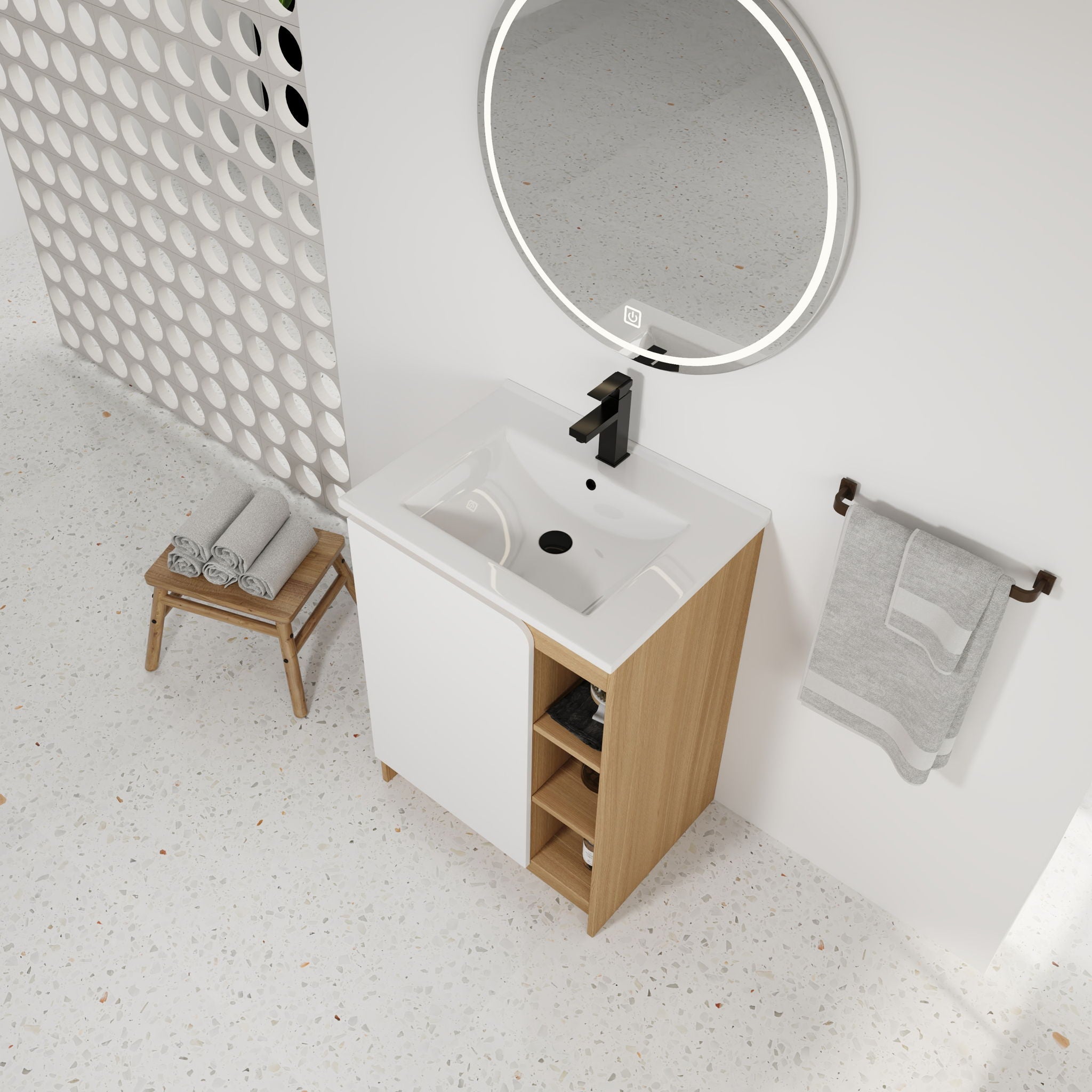 Freestanding Bathroom Vanity With Thin Rim Sink, Single Door With 4 Tier Open Shelves - Light Oak / White