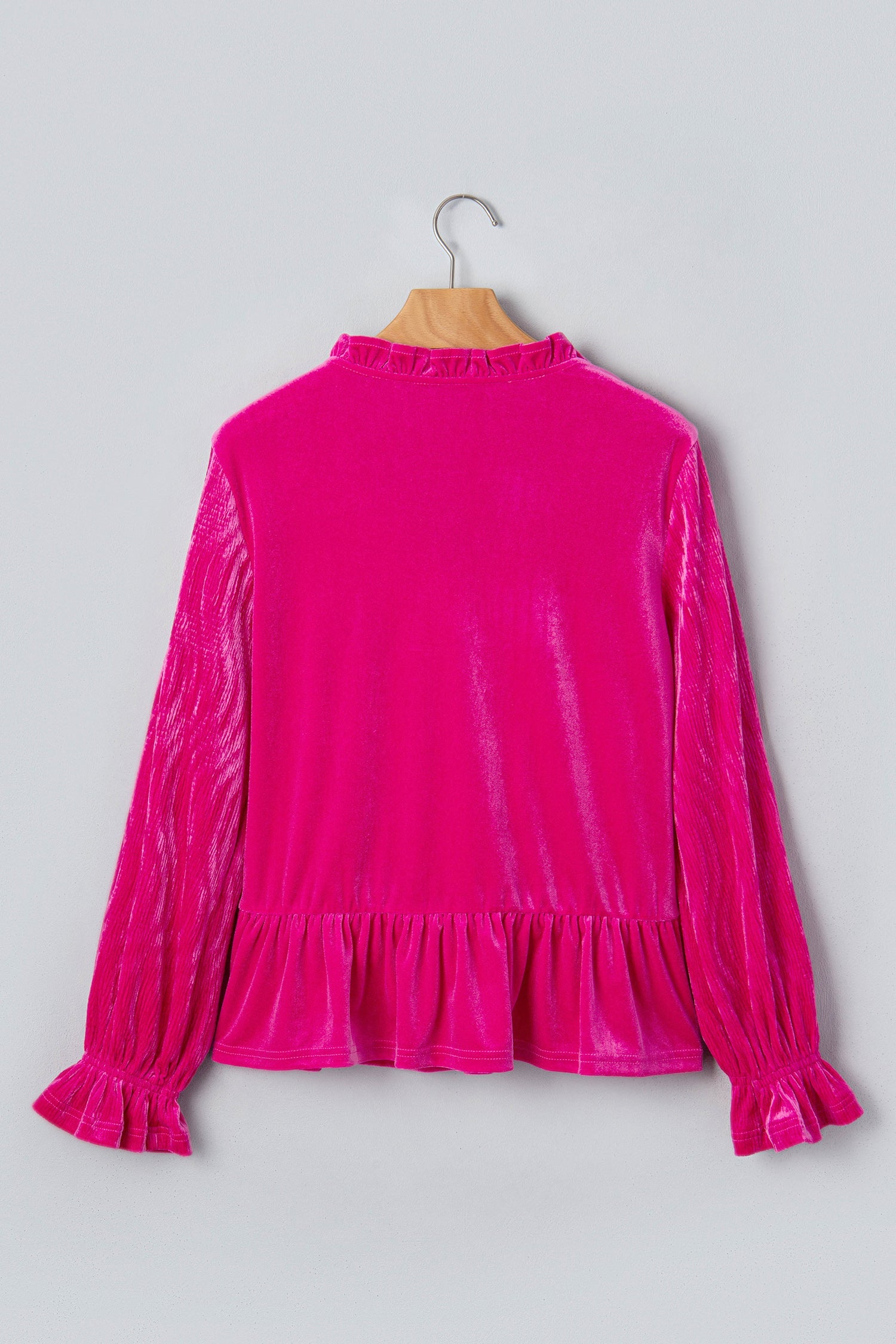 Solid Velvet V-Neck Ruffle Cuff Long Sleeve Top