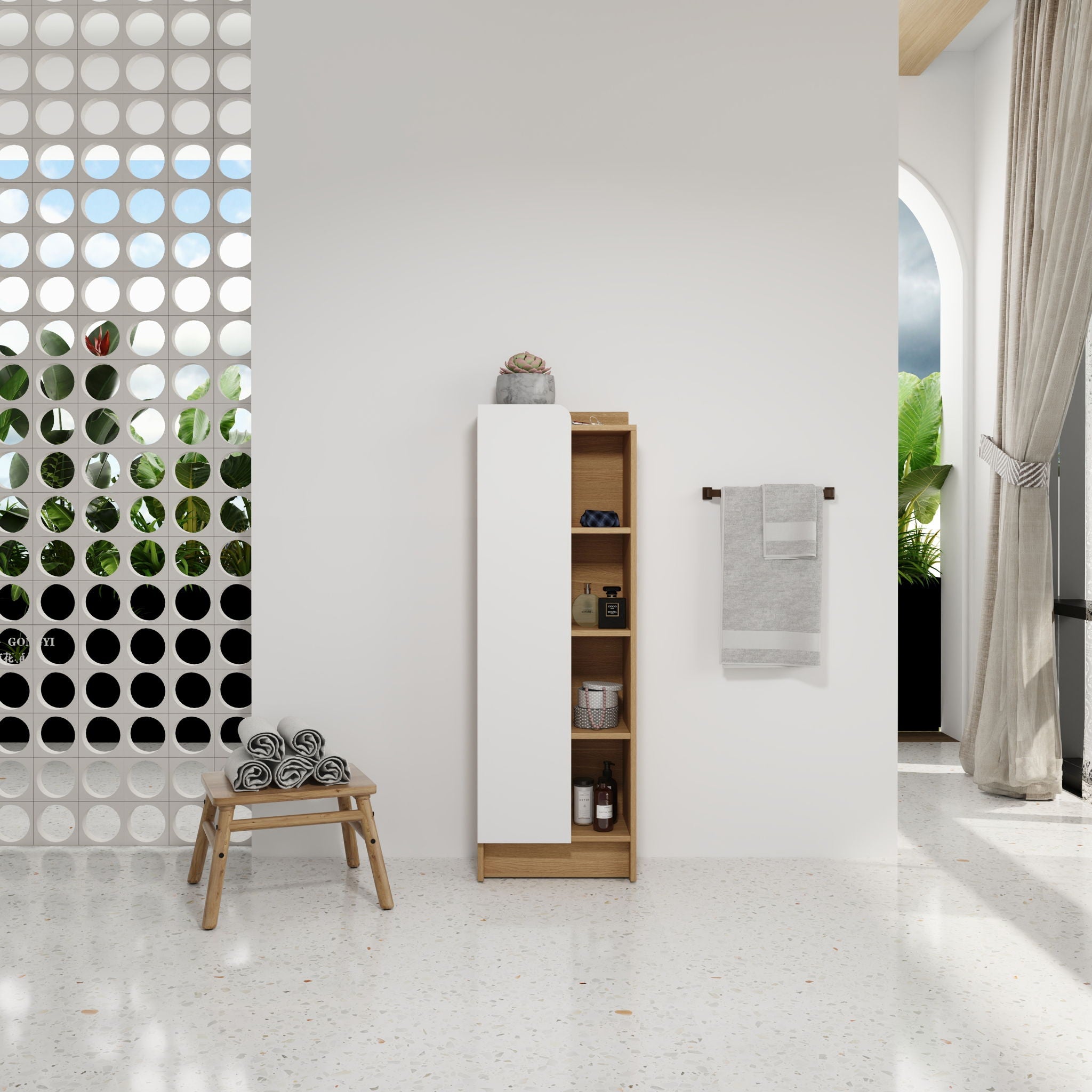 Tall Freestanding Bathroom Side Cabinet With Single Door & 4 Tier Open Shelves - Black / Light Oak / White