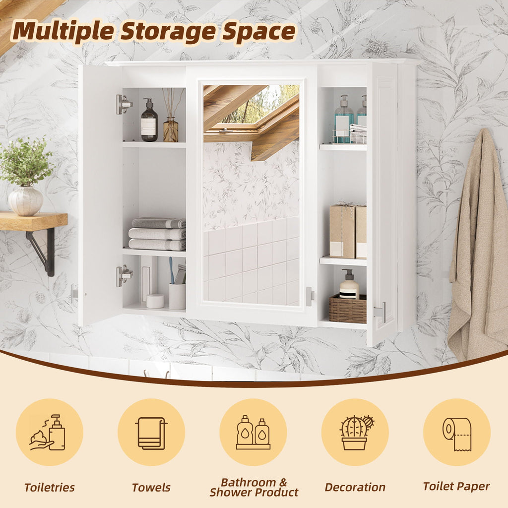 Wall Mounted Mirror Cabinet With 5 Adjustable Shelves, Rectangular Storage For Bathroom - White