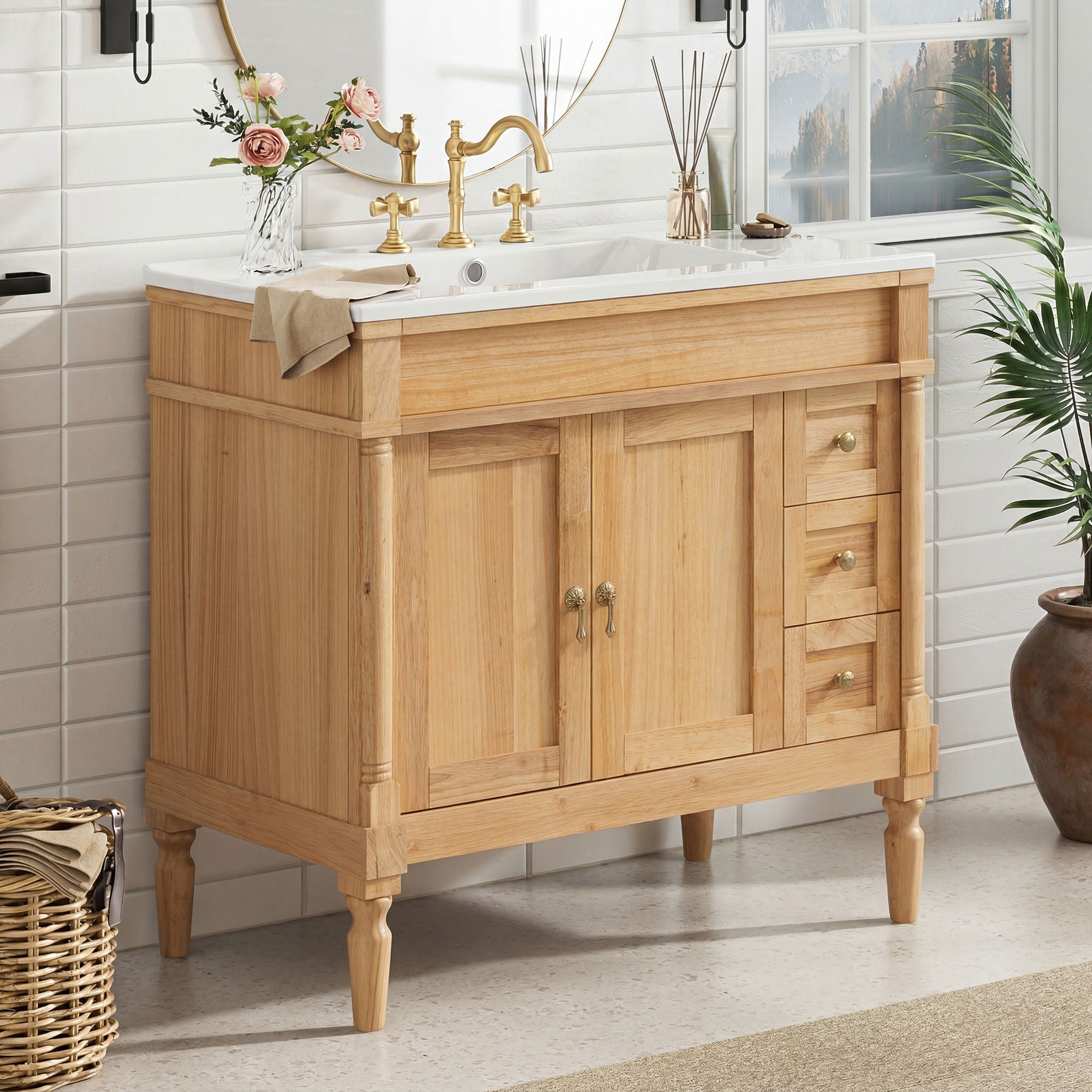 Modern Bathroom Vanity With Ceramic Sink, Soft Close Doors, Adjustable Shelves