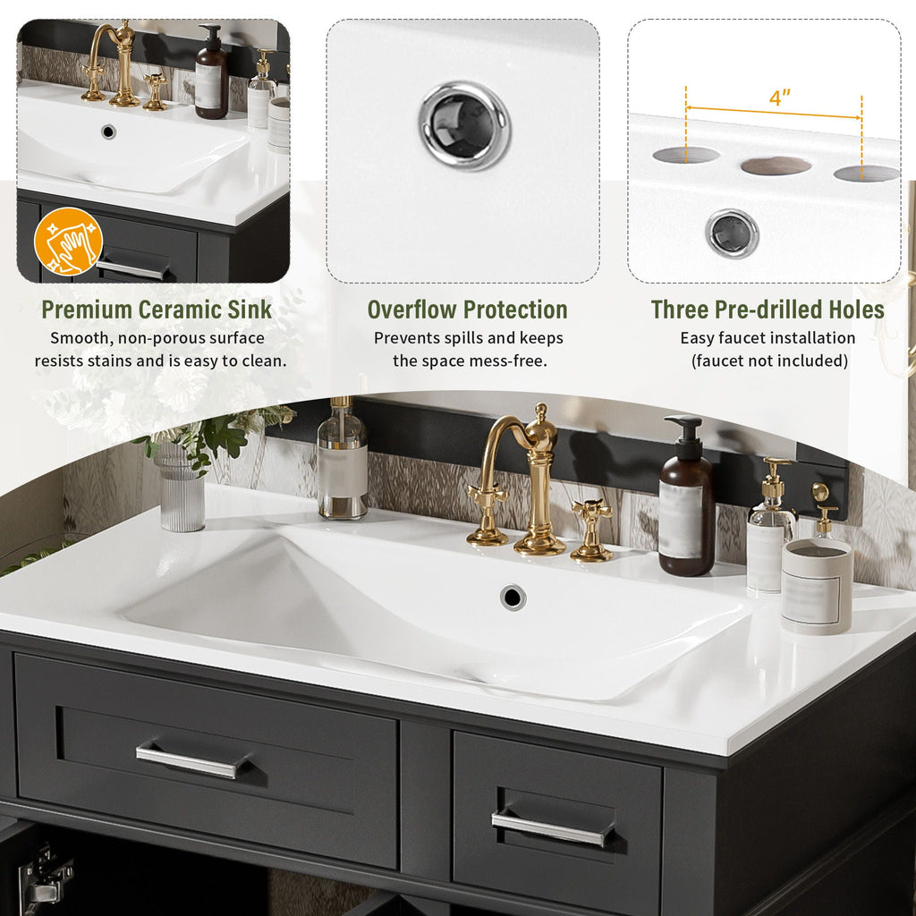 Modern Bathroom Vanity With Sink, Storage Cabinet, Soft Close Doors, Deep & Standard Drawers