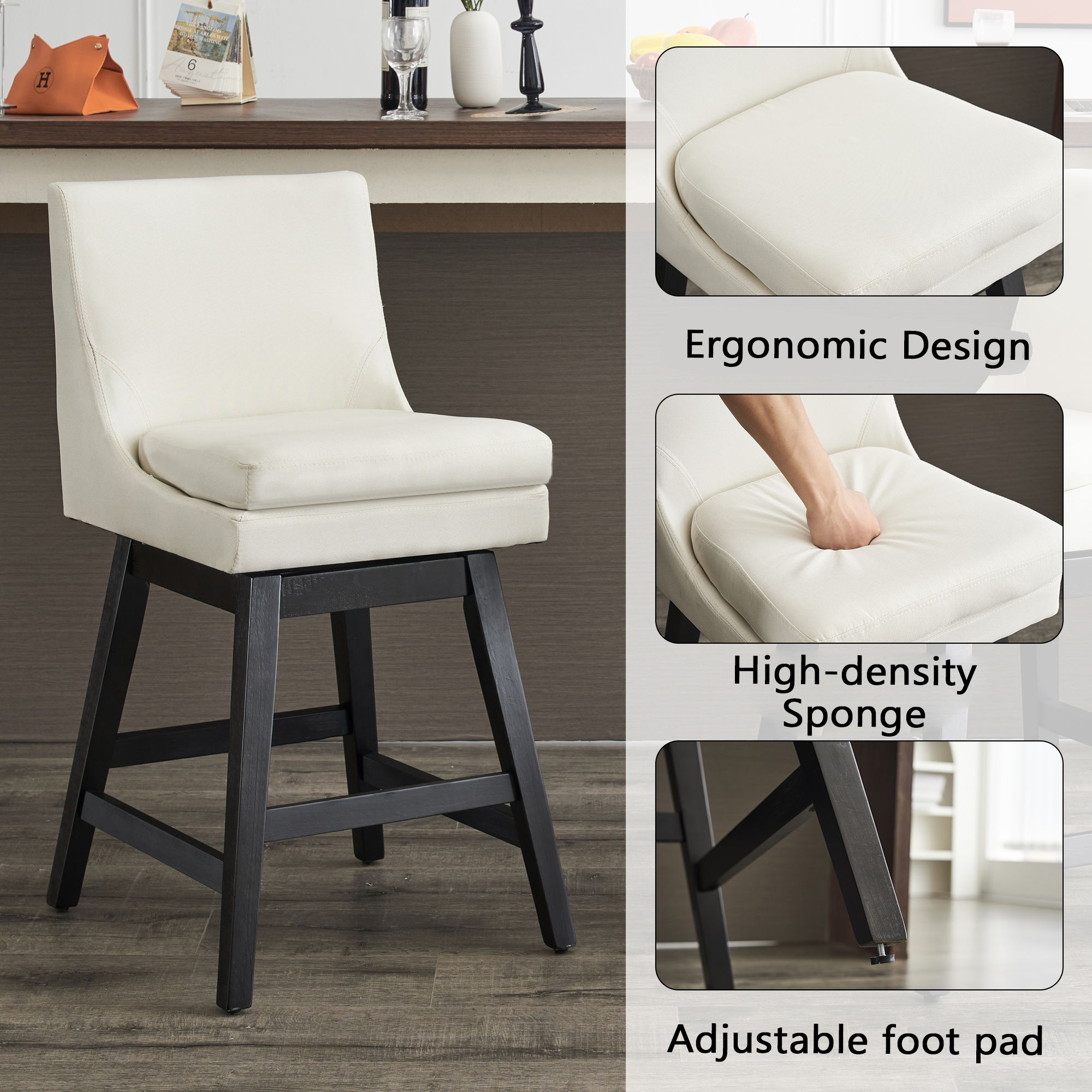 Upholstered Swivel Bar Stools With Ergonomic Design (Set of 2) - Cream White