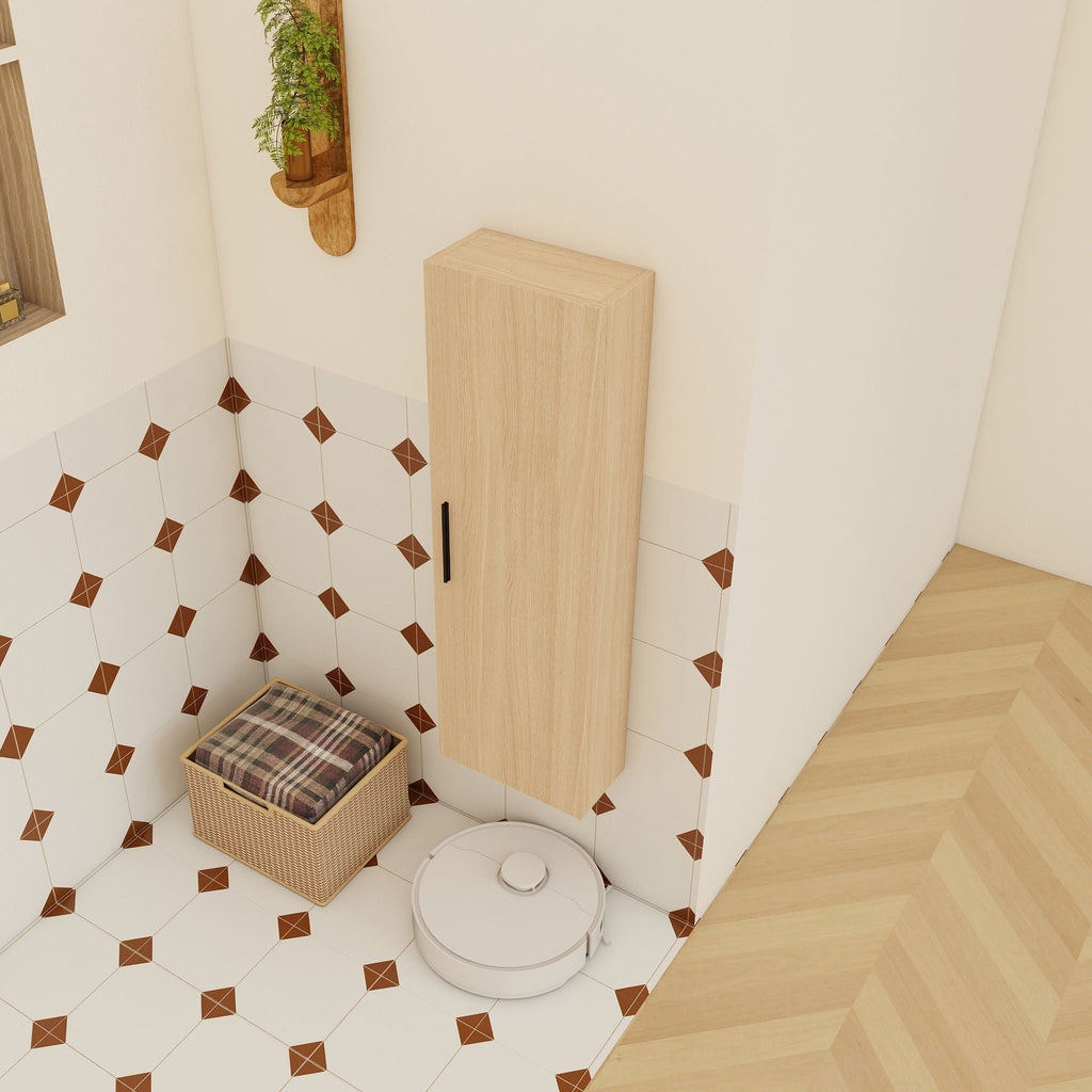 Tall Floating Bathroom Side Cabinet, Wall Mounted Single Door Storage - Light Oak