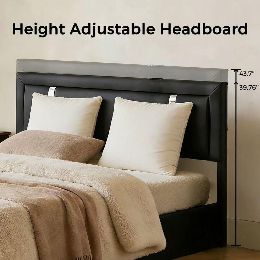 Upholstered Platform Bed Frame With Adjustable LED Headboard, USB C-Charging, Hydraulic Lift