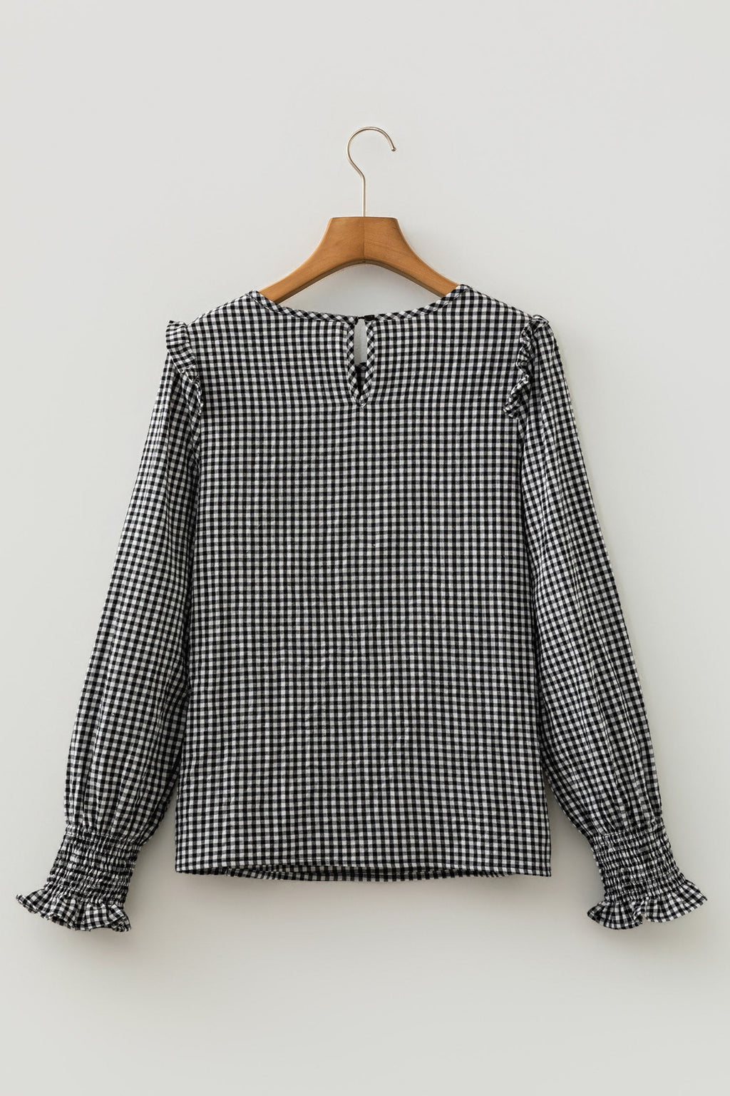 Gingham Shirred Cuff Long Sleeve Round Neck Blouse