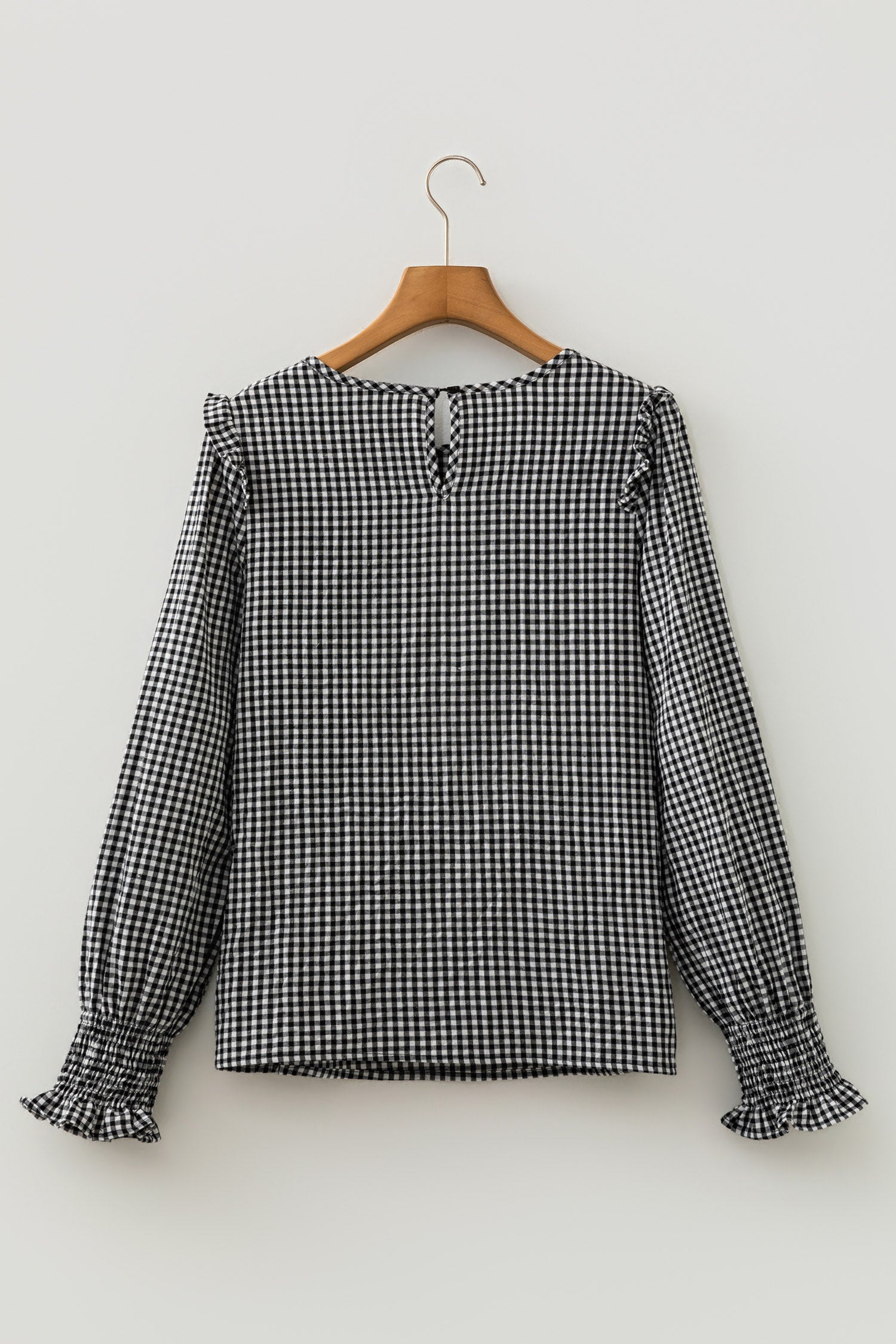 Gingham Shirred Cuff Long Sleeve Round Neck Blouse