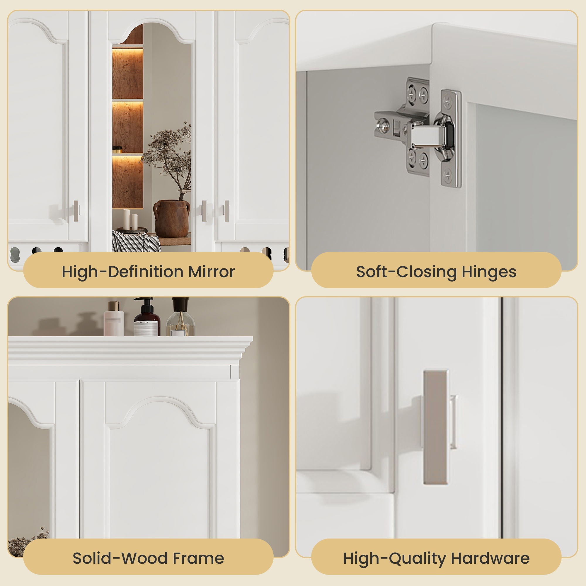Wall Mount Mirror Cabinet With Adjustable Shelves, Soft Closing Hinges