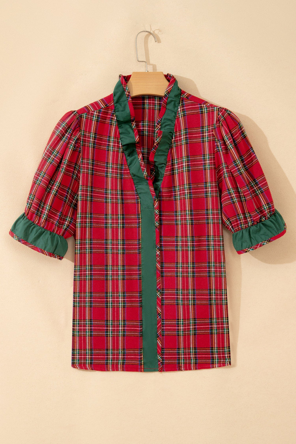Plaid Ruffle Colorblock V-Neck Puff Sleeve Shirt