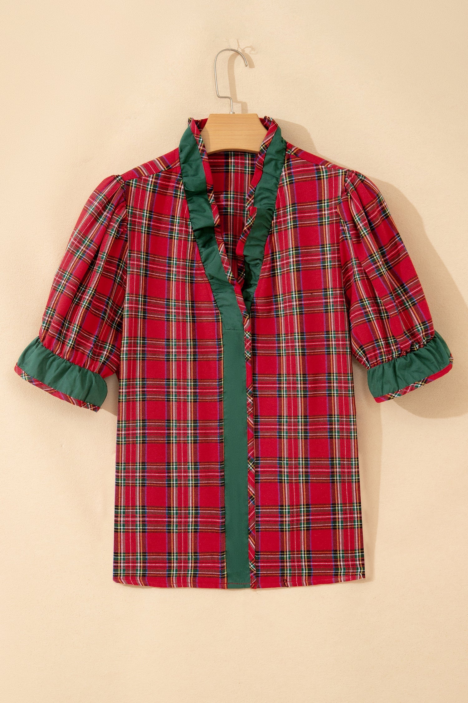Plaid Ruffle Colorblock V-Neck Puff Sleeve Shirt