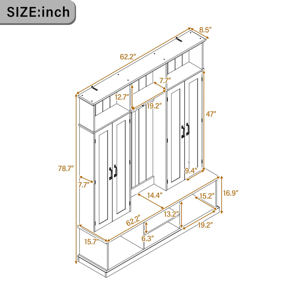Entryway Hall Tree With Bench, 3 Top Cubbies & Bottom Storage Space