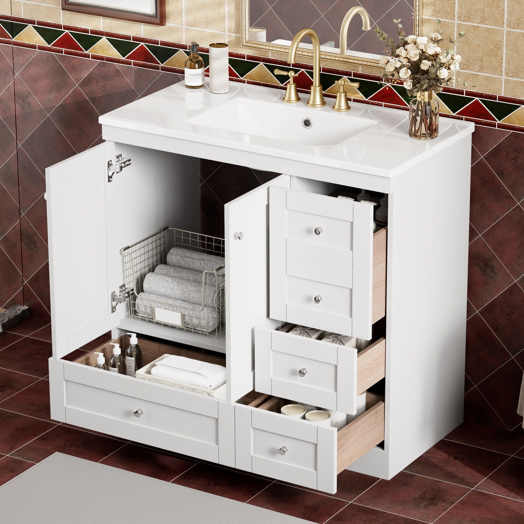 Shaker Free Standing Bathroom Vanity Cabinet & Sink, Soft Close Drawers, Soft Close Doors