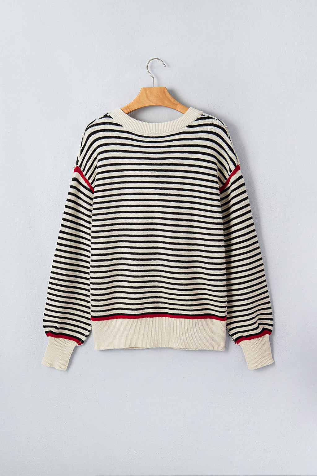 Stripe Ribbed Trim Reverse Seam Drop Shoulder Sweater