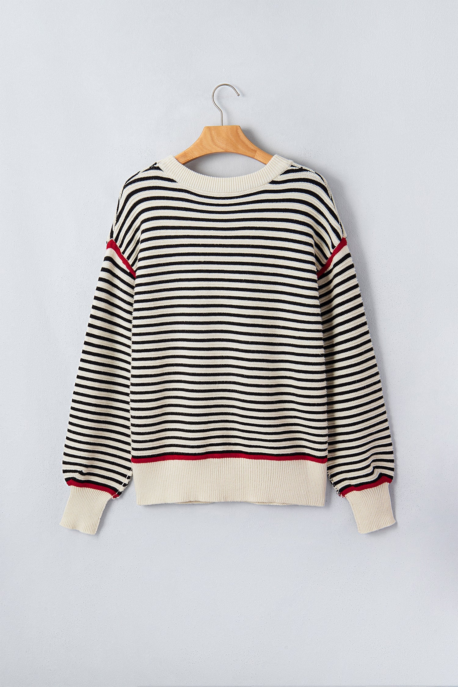 Stripe Ribbed Trim Reverse Seam Drop Shoulder Sweater