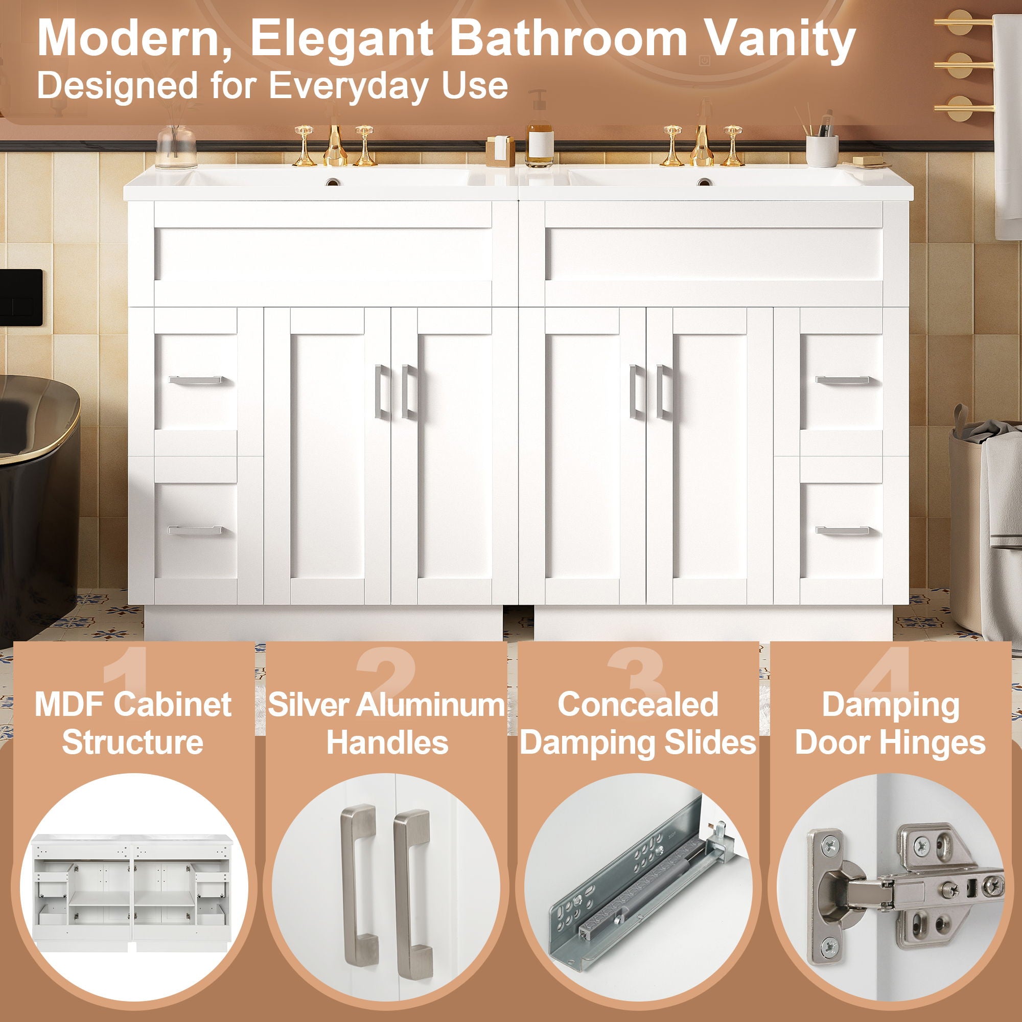 Bathroom Vanity With 2 Doors, 2 Drawers, Adjustable Shelf, Hidden Slides & Soft Close Hinges