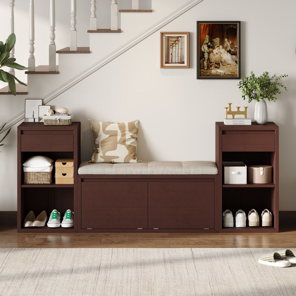 Entryway Storage Bench With Cushion, Drawers & Open Shelves