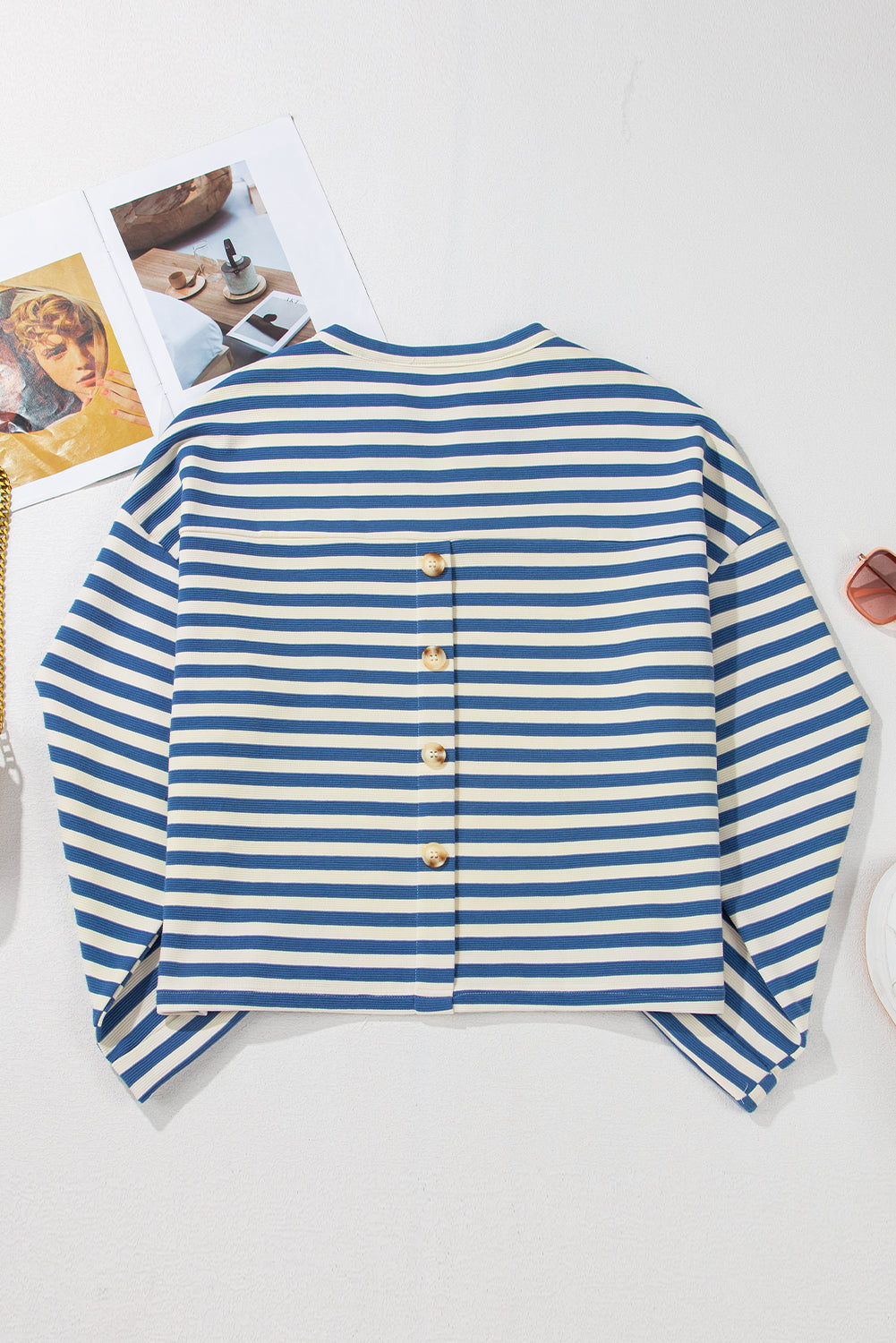 Stripe Buttoned Back Notched V-Neck Long Sleeve Top