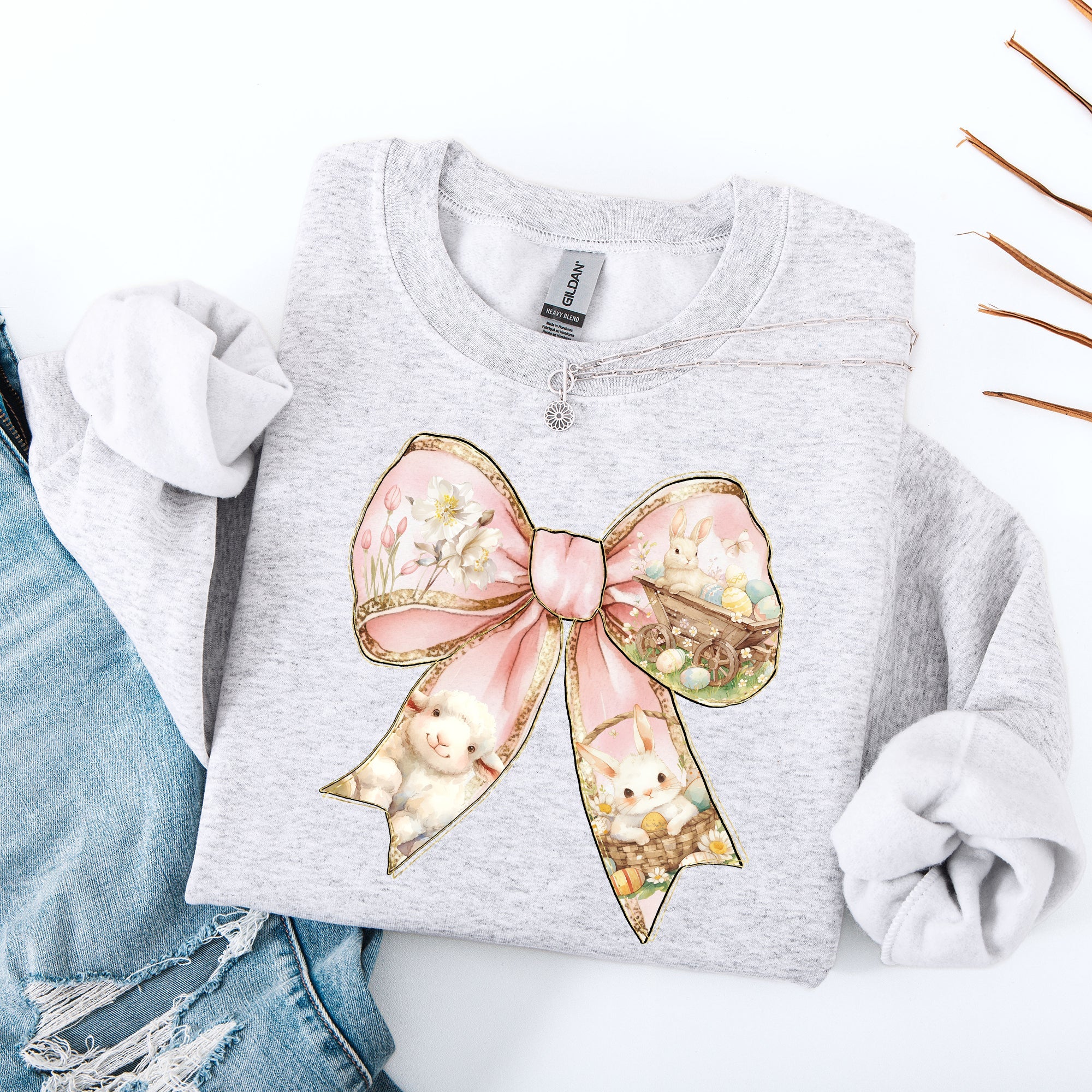Adorable Bow Ribbon Easter Bunny Jesus Rabbit Holiday Celebration Ensemble Sweatshirt