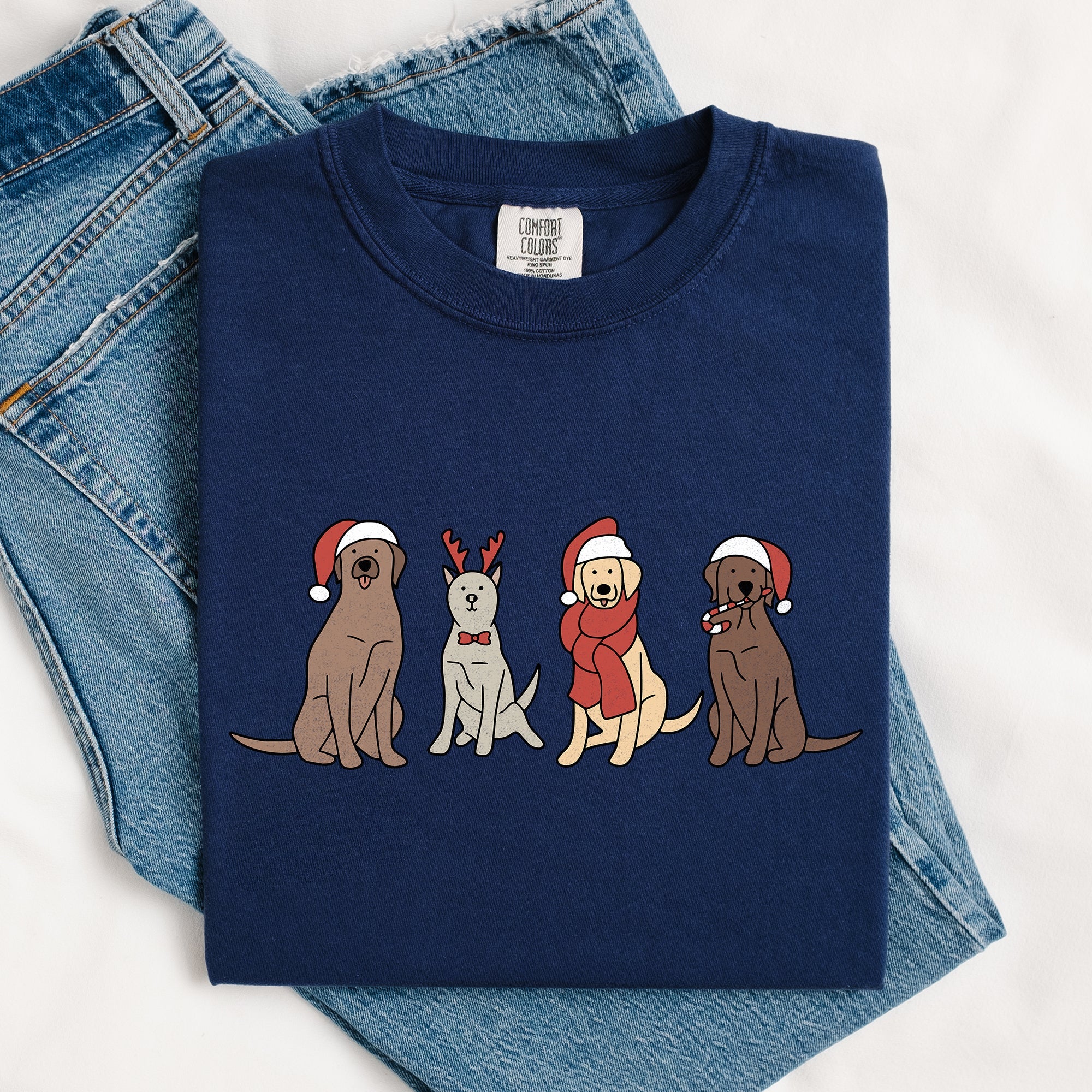 Adorable Christmas Dogs, Reindeer, Santa, Retro Xmas Holiday Scene Comfort Colors Tee