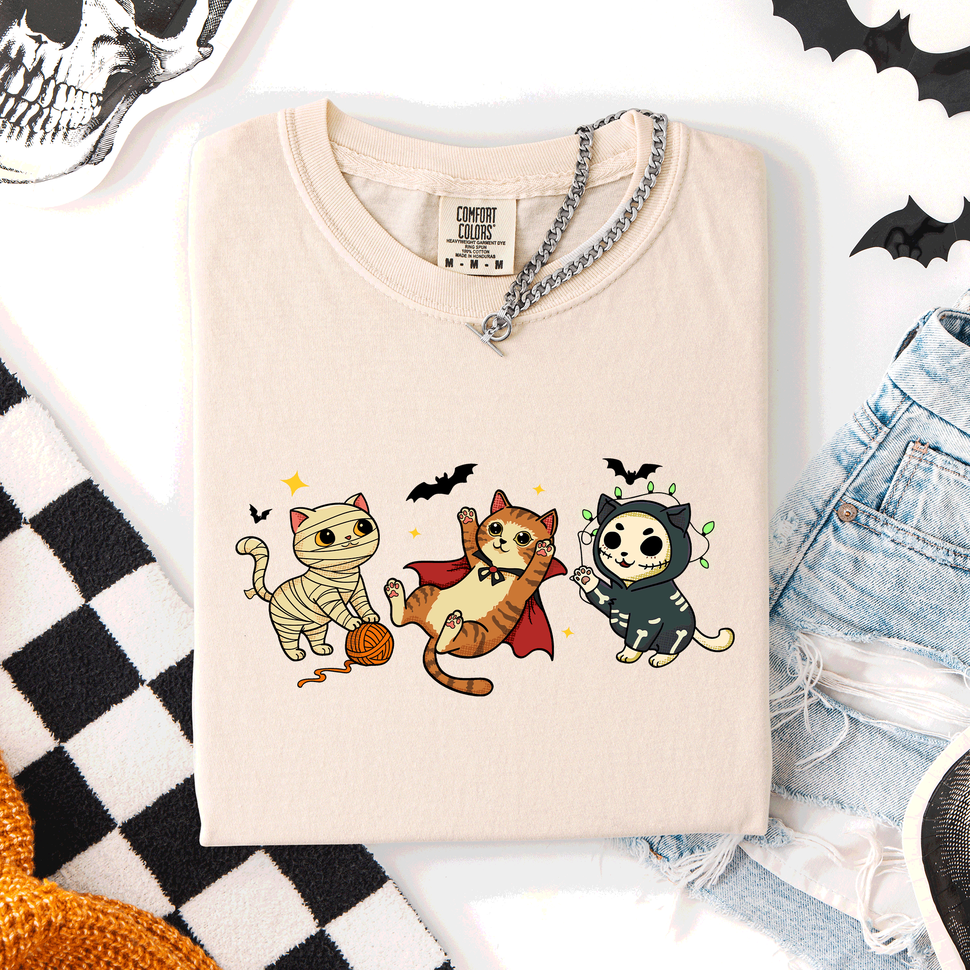 Adorable Halloween Cats Cozy Autumn Cat Themed Whimsical Feline Nighttime Festival Favorite Comfort Colors Tee