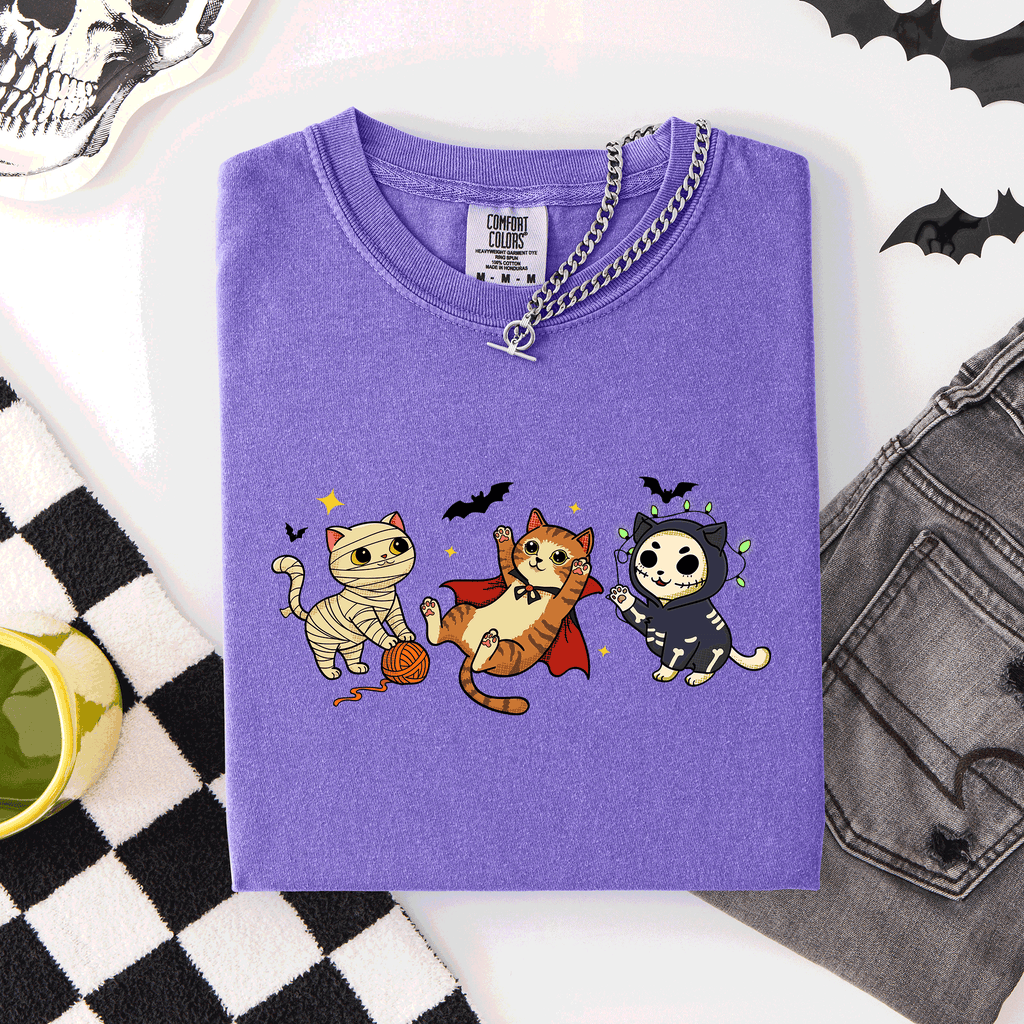 Adorable Halloween Cats Cozy Autumn Cat Themed Whimsical Feline Nighttime Festival Favorite Comfort Colors Tee