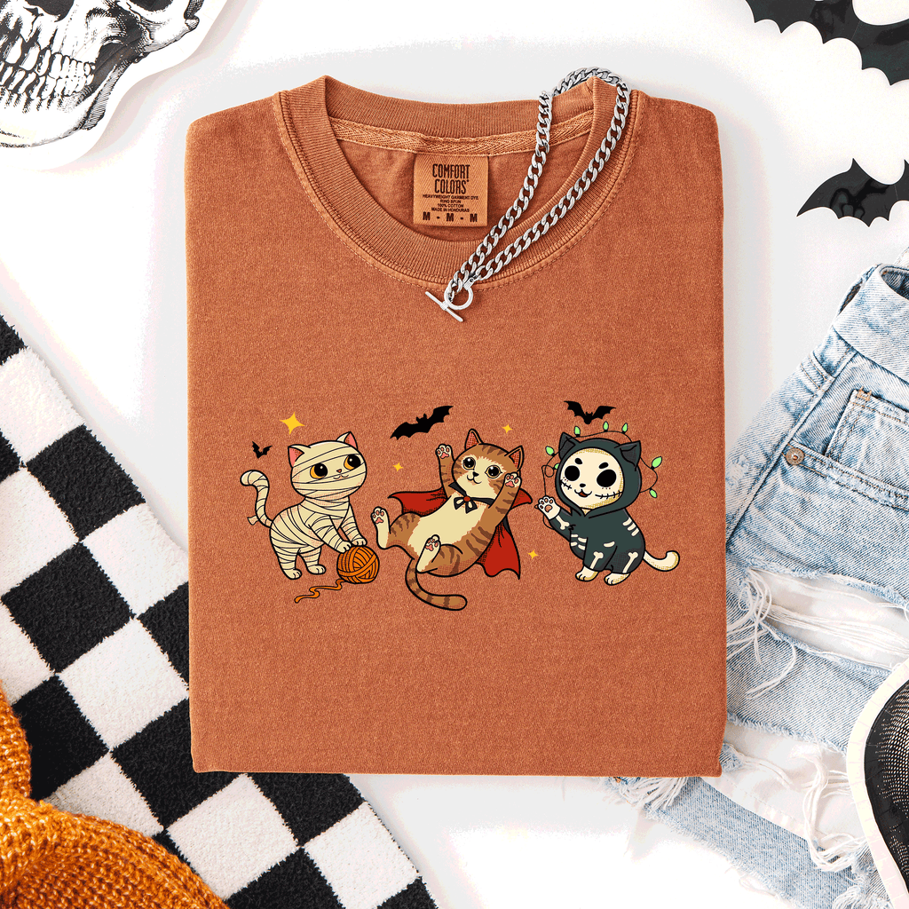 Adorable Halloween Cats Cozy Autumn Cat Themed Whimsical Feline Nighttime Festival Favorite Comfort Colors Tee