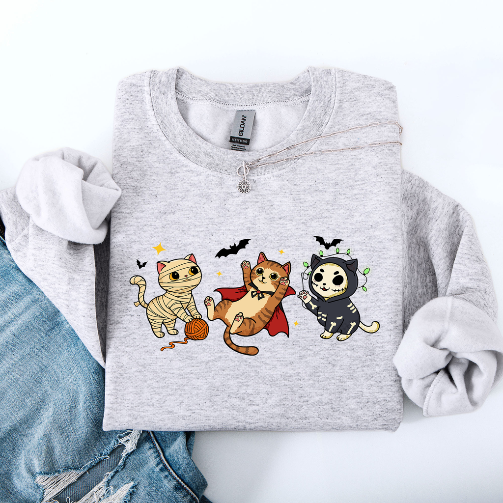 Adorable Halloween Cats All Over Feline Illustration Cozy Costume Style Sweatshirt