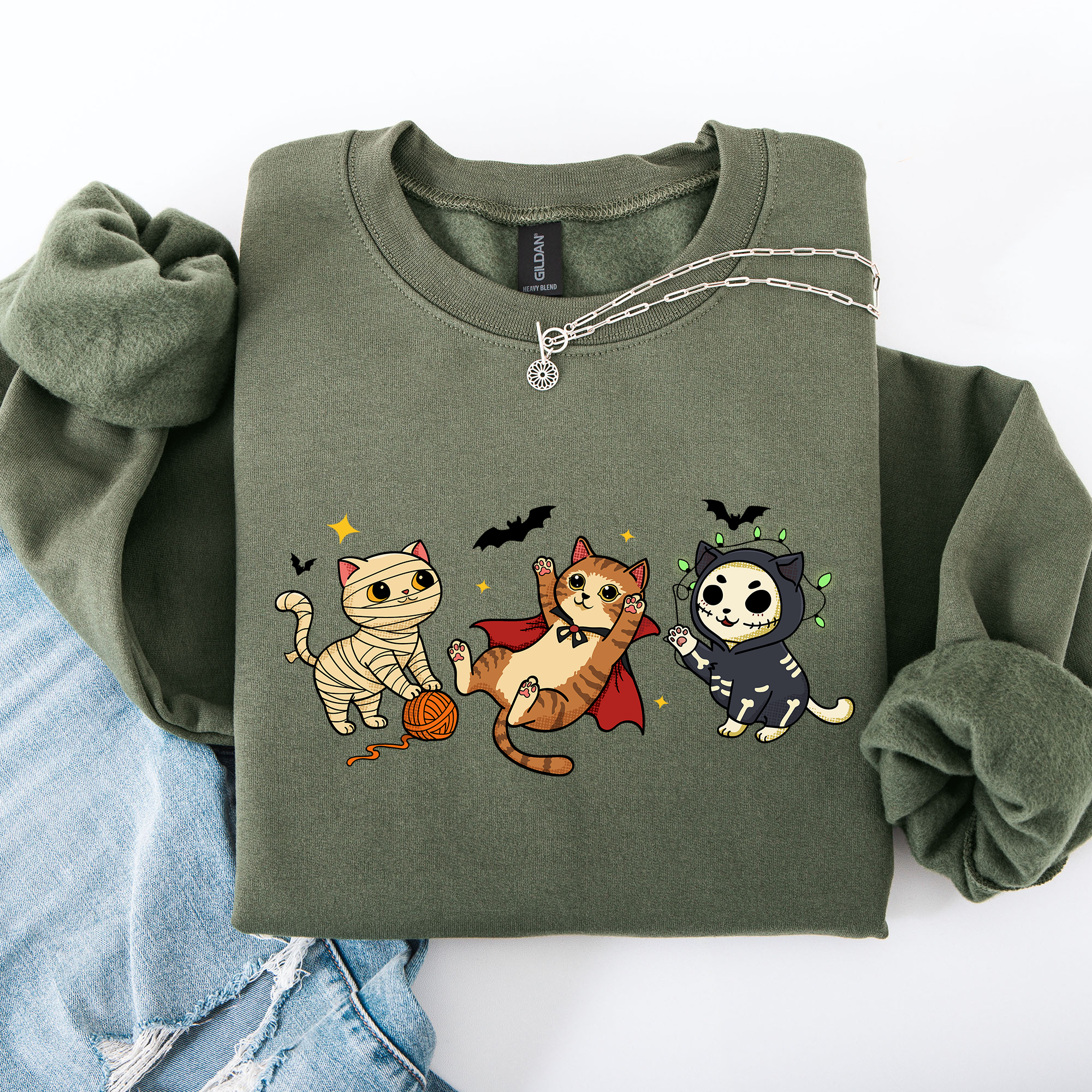 Adorable Halloween Cats All Over Feline Illustration Cozy Costume Style Sweatshirt