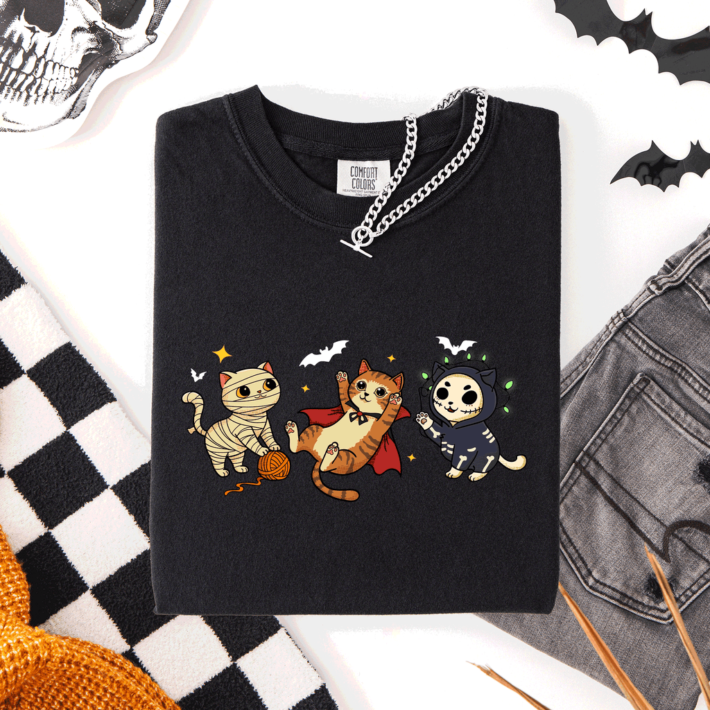Adorable Halloween Cats Cozy Autumn Cat Themed Whimsical Feline Nighttime Festival Favorite Comfort Colors Tee