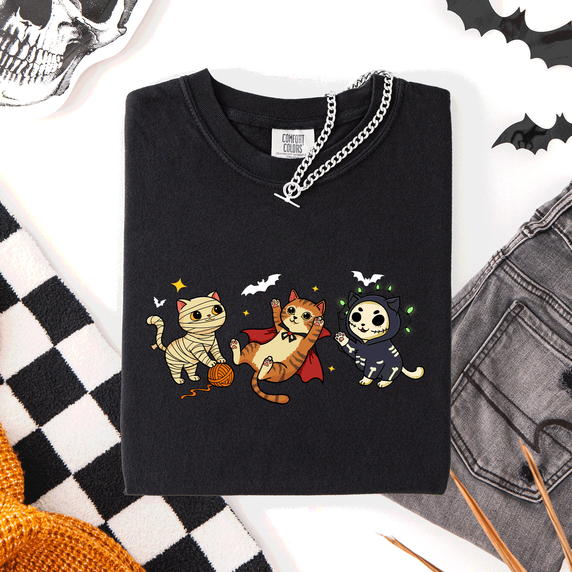 Adorable Halloween Cats Cozy Autumn Cat Themed Whimsical Feline Nighttime Festival Favorite Comfort Colors Tee