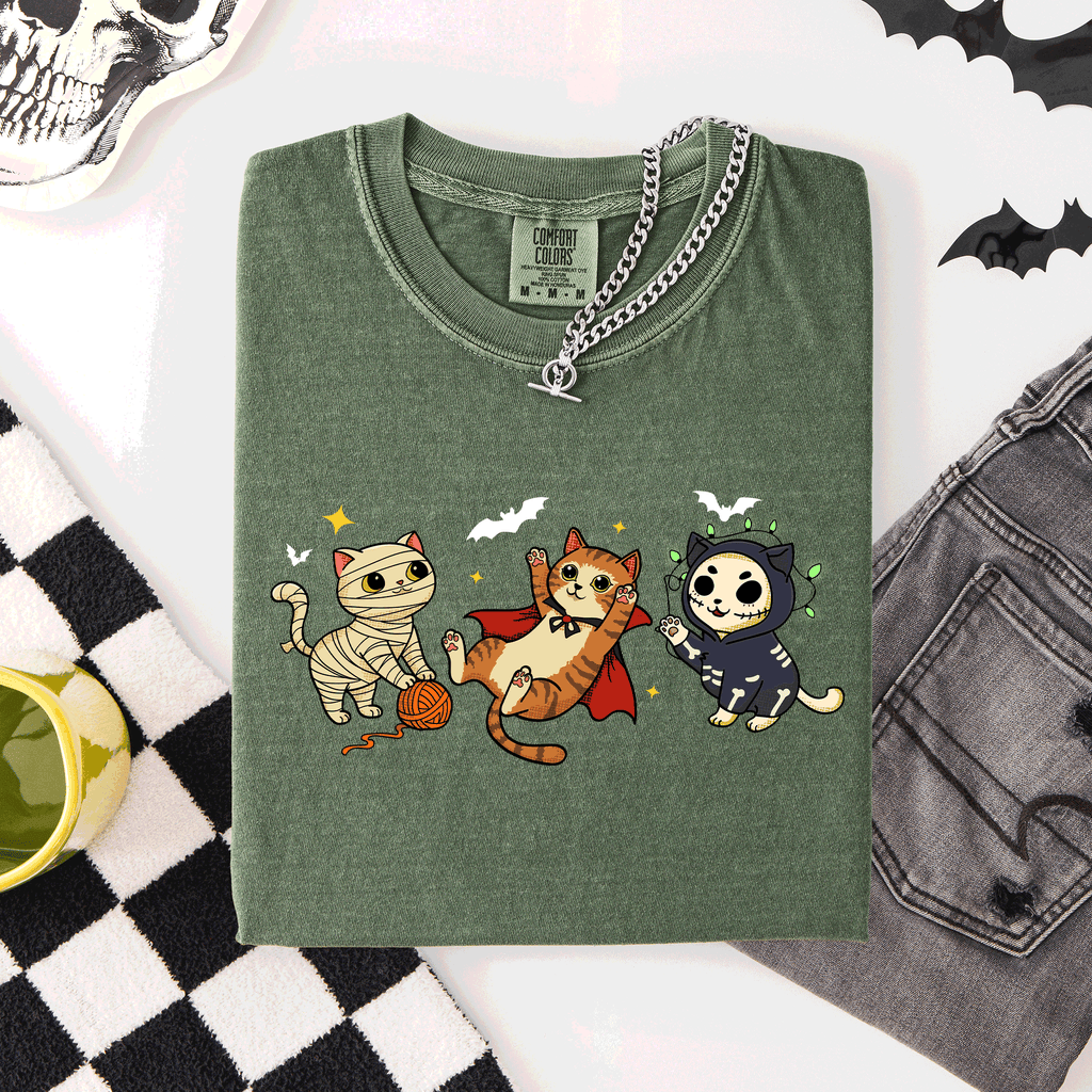 Adorable Halloween Cats Cozy Autumn Cat Themed Whimsical Feline Nighttime Festival Favorite Comfort Colors Tee
