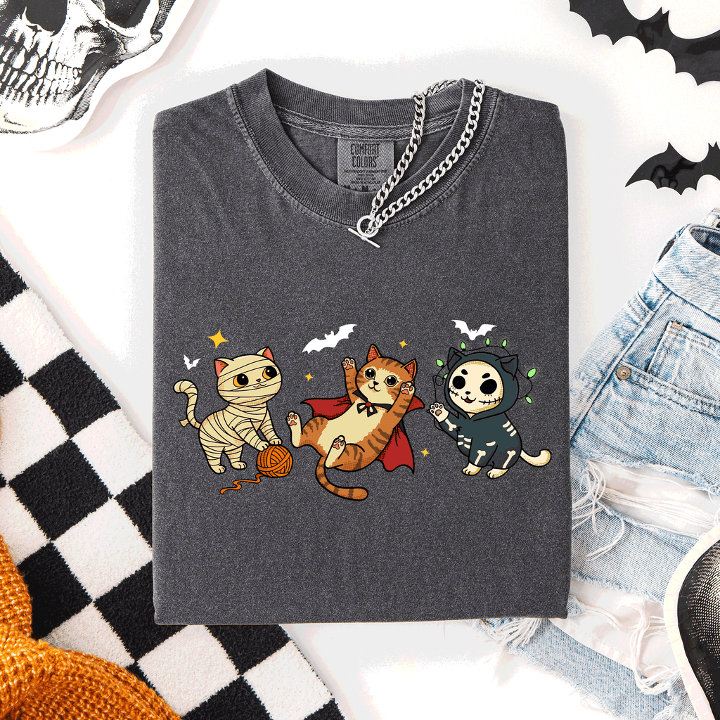 Adorable Halloween Cats Cozy Autumn Cat Themed Whimsical Feline Nighttime Festival Favorite Comfort Colors Tee