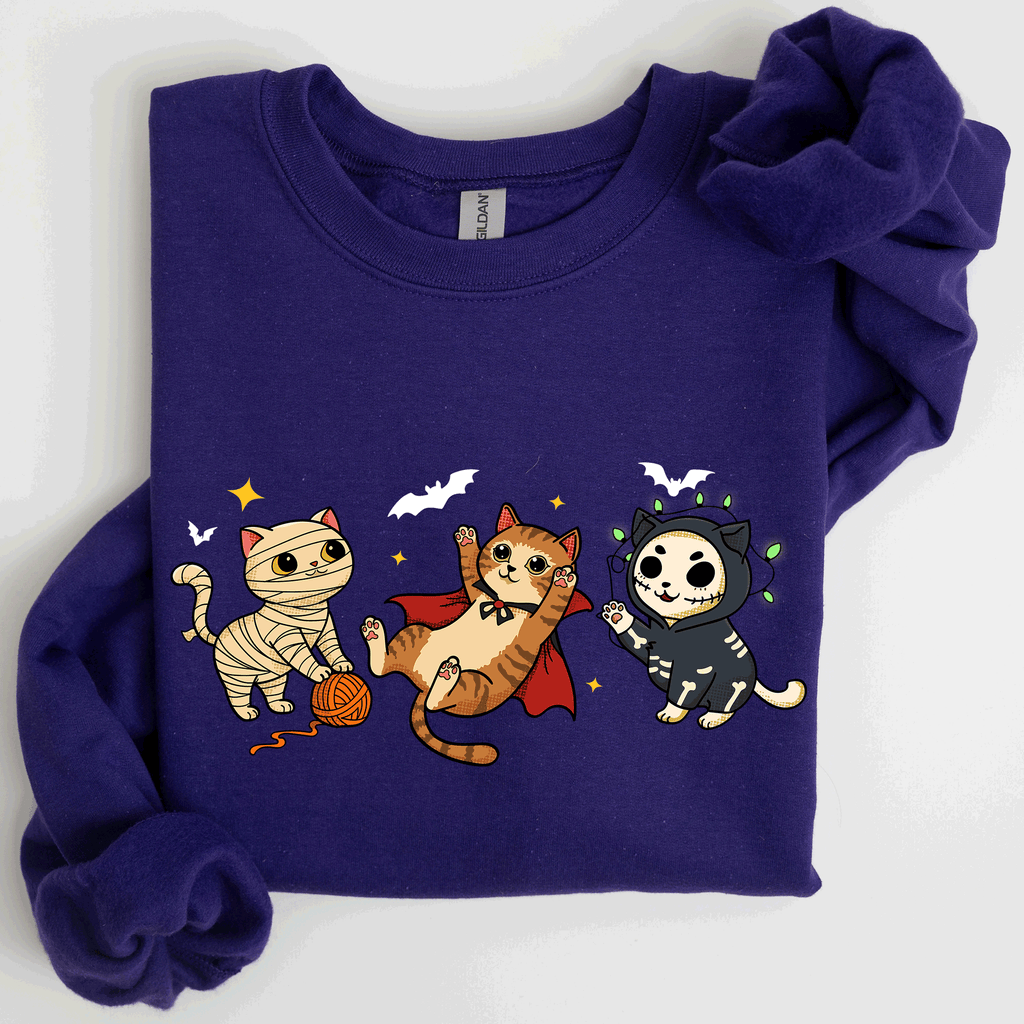 Adorable Halloween Cats All Over Feline Illustration Cozy Costume Style Sweatshirt