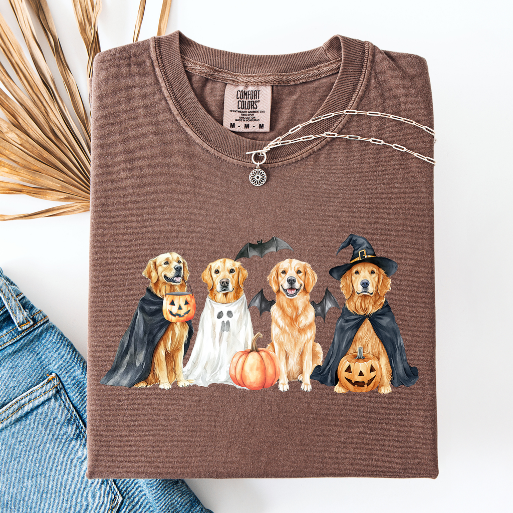 Adorable Halloween Dogs And Bats Pumpkins Spooky Witch Scene Cozy Comfort Colors Tee