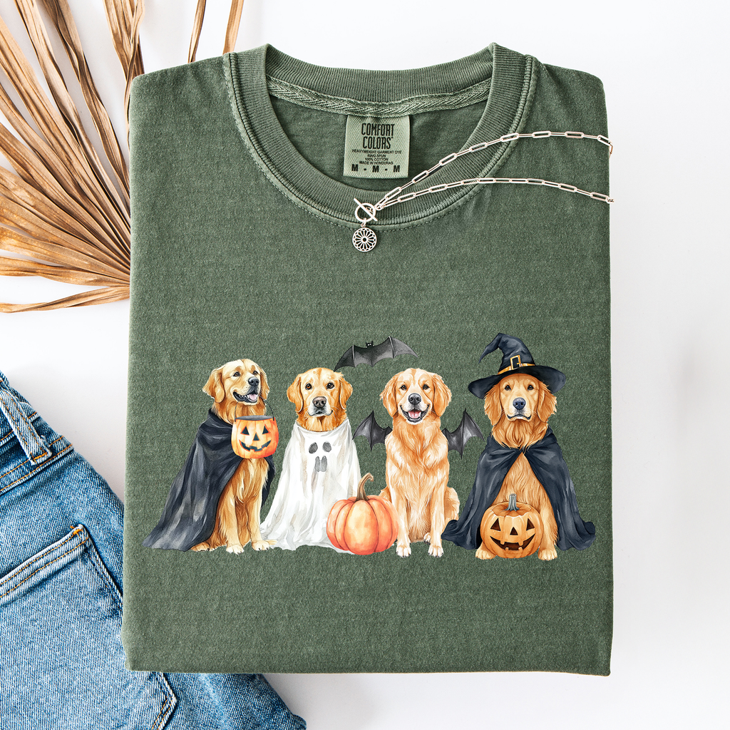 Adorable Halloween Dogs And Bats Pumpkins Spooky Witch Scene Cozy Comfort Colors Tee