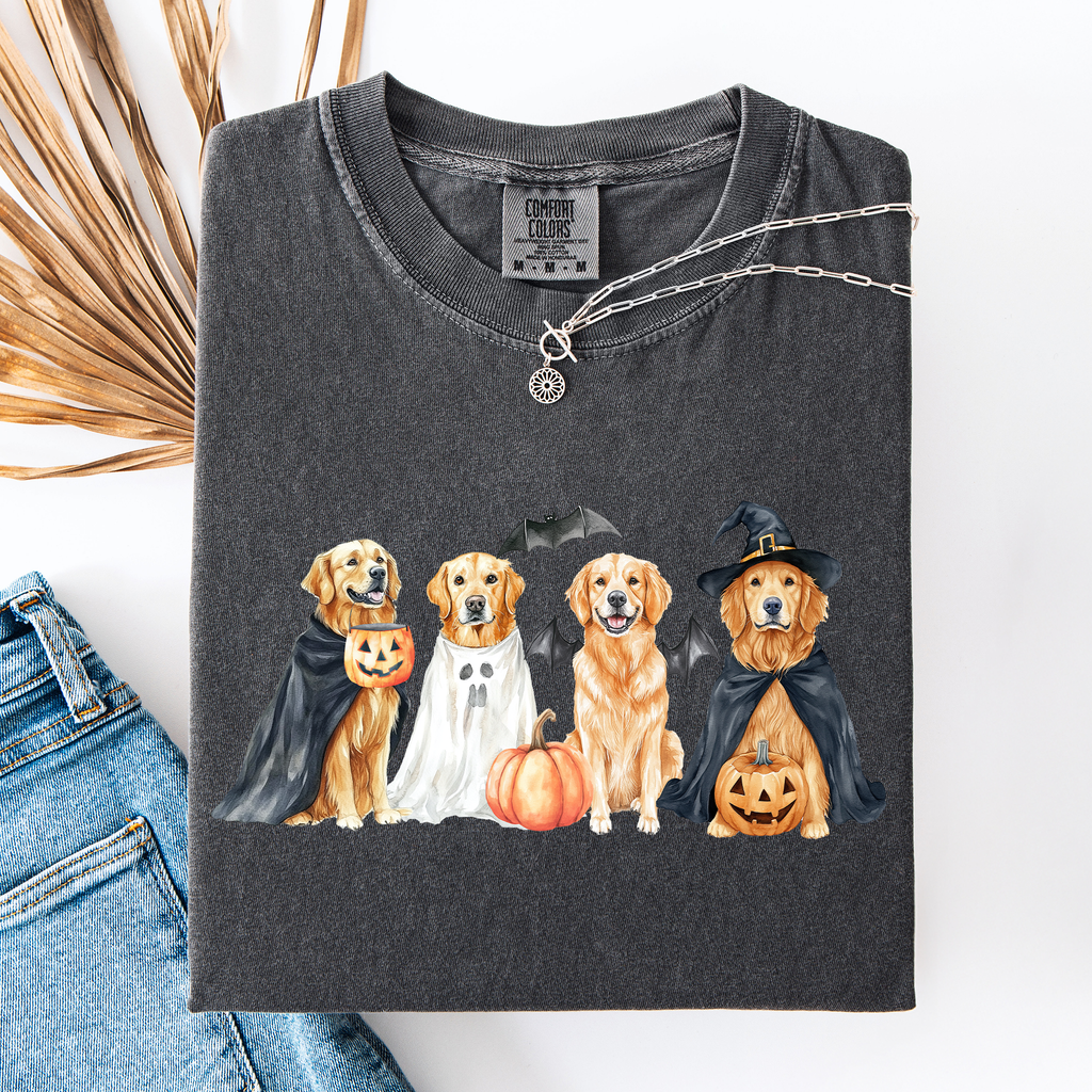 Adorable Halloween Dogs And Bats Pumpkins Spooky Witch Scene Cozy Comfort Colors Tee