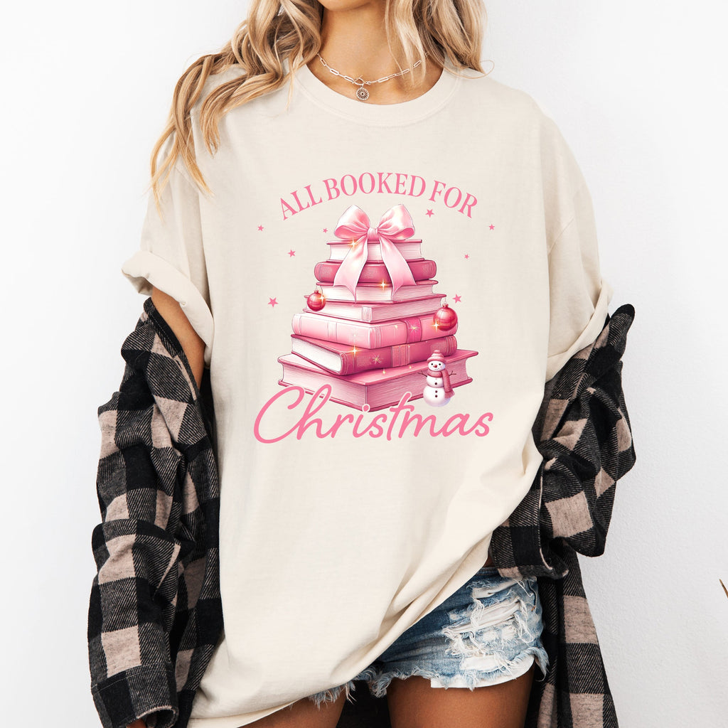 All Booked For Christmas Coquette Reading Teacher Winter Santa Xmas Comfort Colors Tee