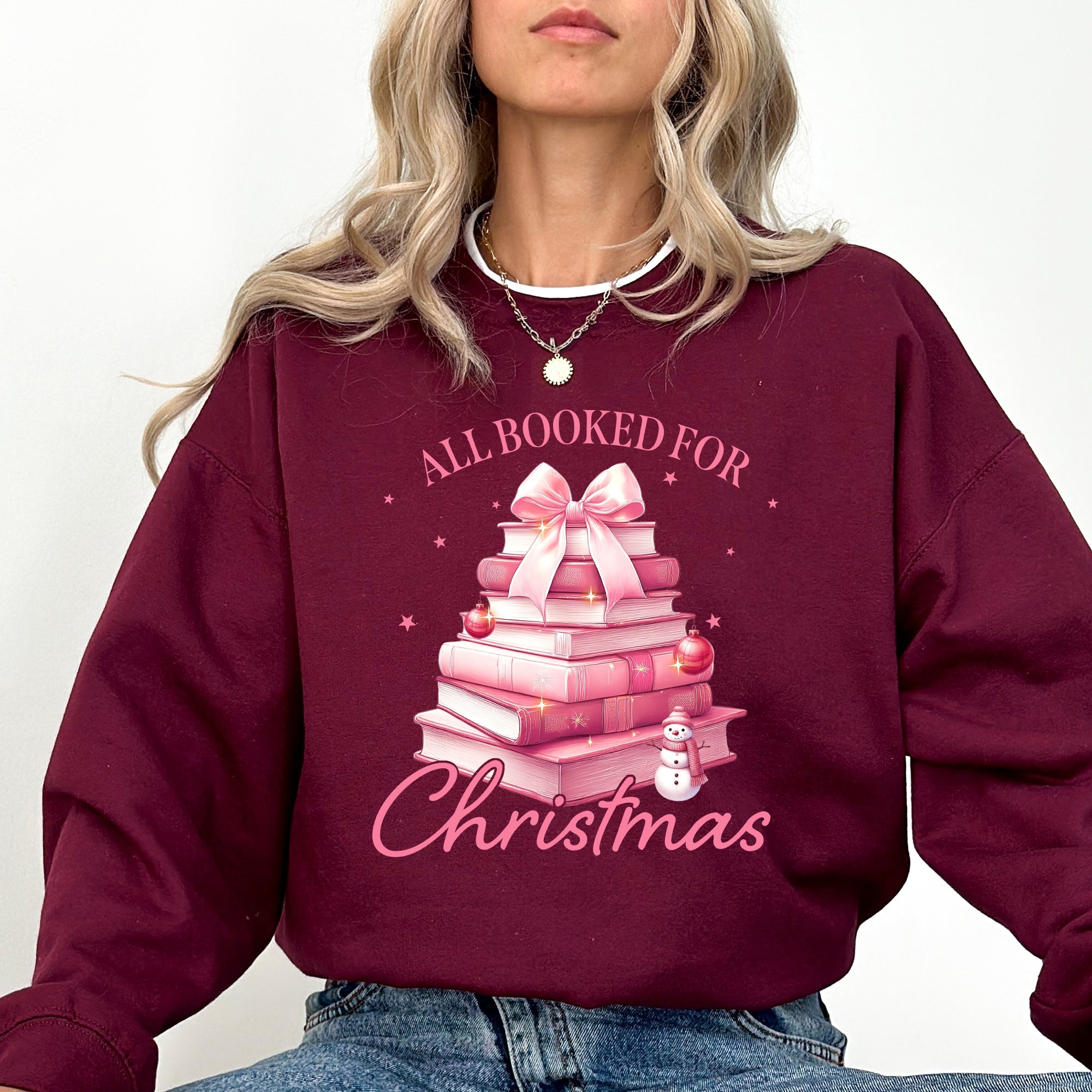 All Booked For Christmas Coquette Reading Teacher Winter Santa Xmas Holiday Sweatshirt