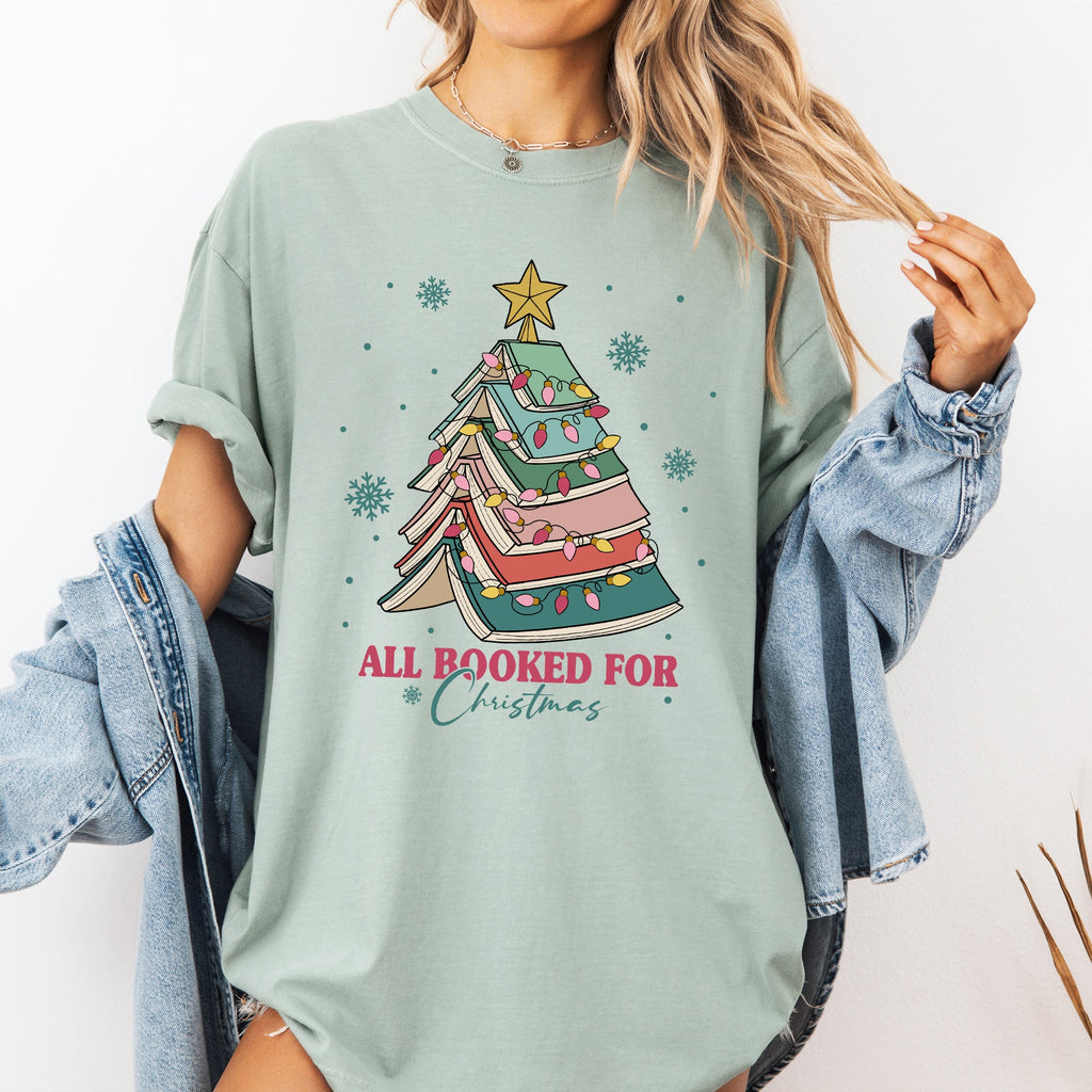 All Booked For Christmas Reading Teacher Winter Santa Xmas Holiday Edition Comfort Colors Tee