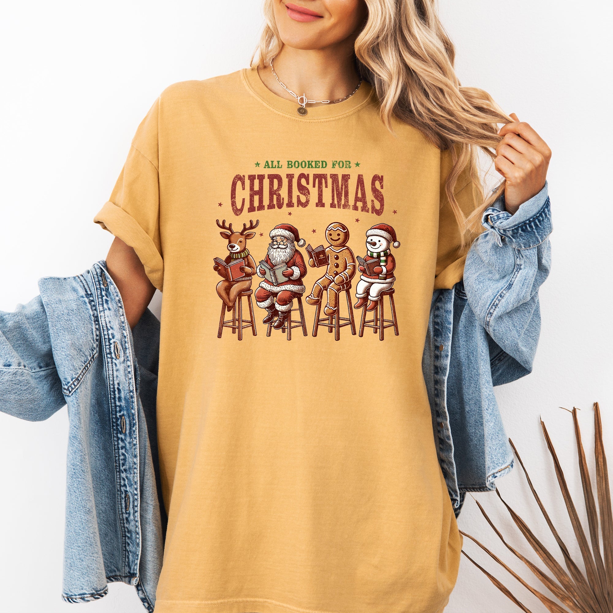 All Booked For Christmas Reindeer Santa Snowman Teacher Books Comfort Colors Tee