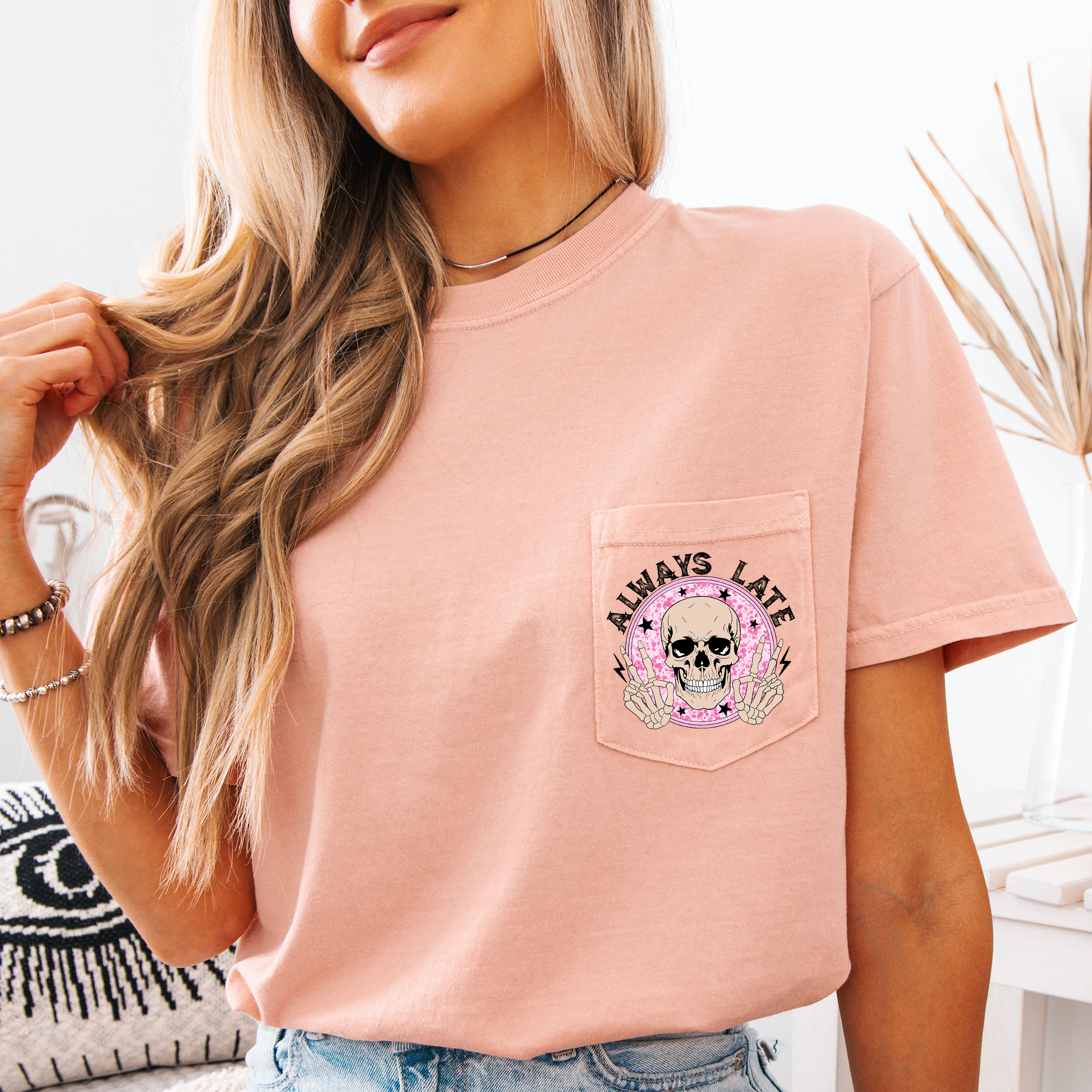 Always Late Skeleton Mood Vibe Pocket Edition Deluxe For Night Owls Comfort Colors Tee