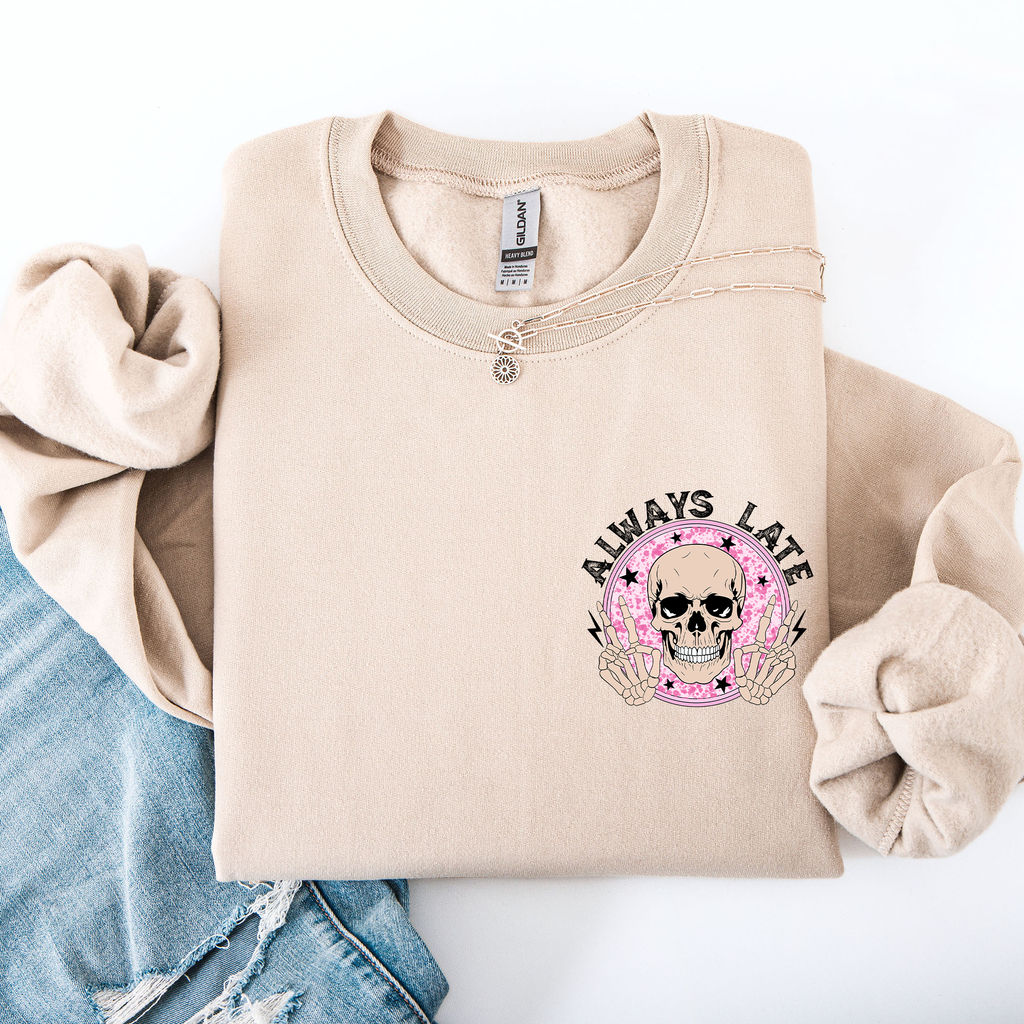 Always Late Skeleton Mood Vibe With A Playful Halloween Spirit And Cozy Pocket Detail Pocket Sweatshirt