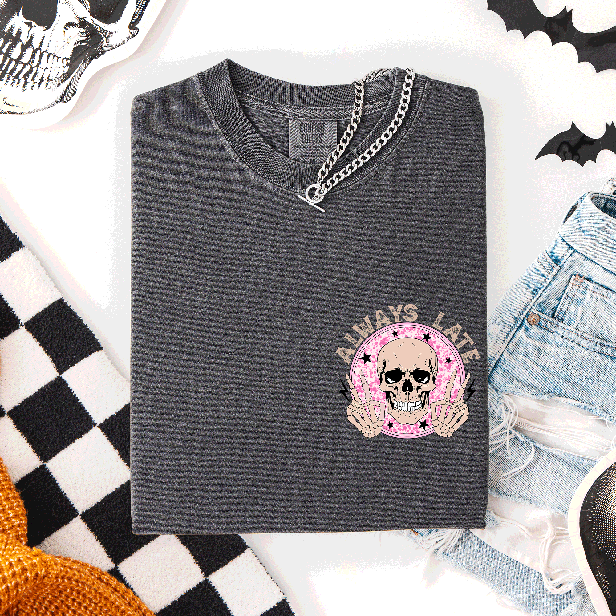 Always Late Skeleton Mood Vibe Pocket Halloween Night Limited Edition Comfort Colors Tee