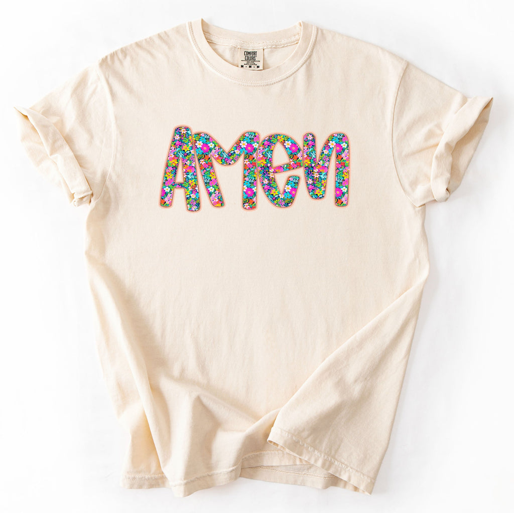 Amen Christian Gospel Faith Floral Flowers Bright Colorful Pastels Comfort Colors Tee