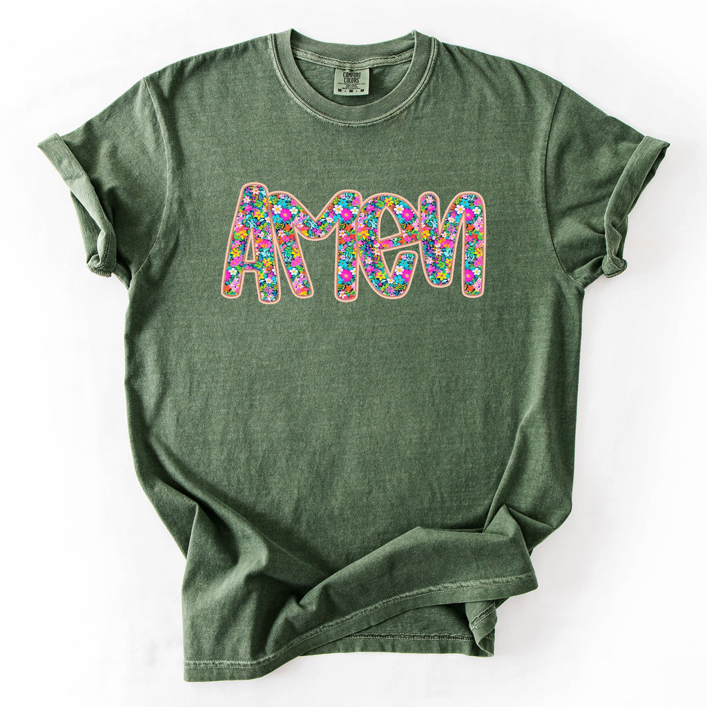 Amen Christian Gospel Faith Floral Flowers Bright Colorful Pastels Comfort Colors Tee