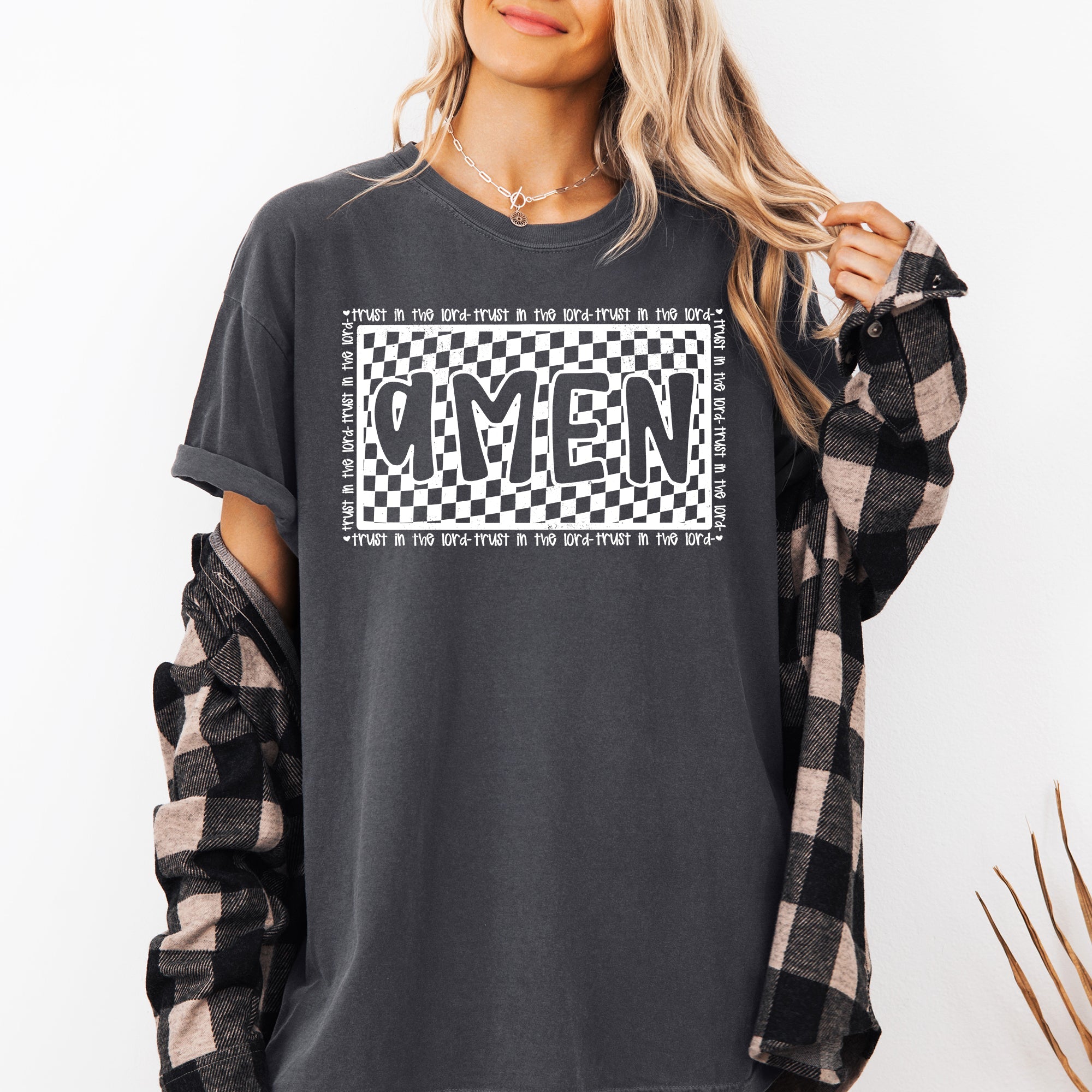 Amen, Trust In The Lord Checkered Christian Jesus Gospel Faith Saved Comfort Colors Tee