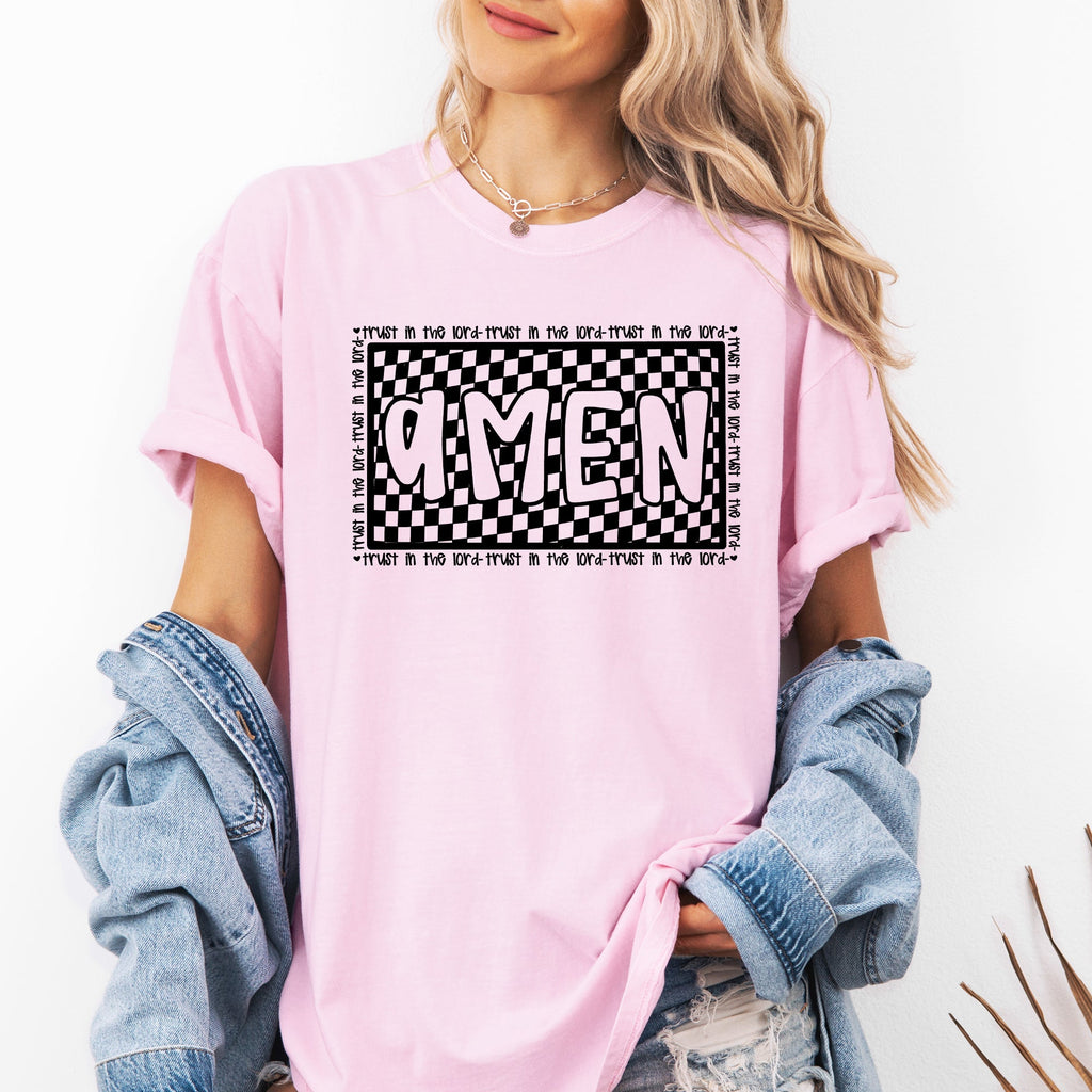 Amen, Trust In The Lord Checkered Christian Jesus Gospel Faith Saved Comfort Colors Tee
